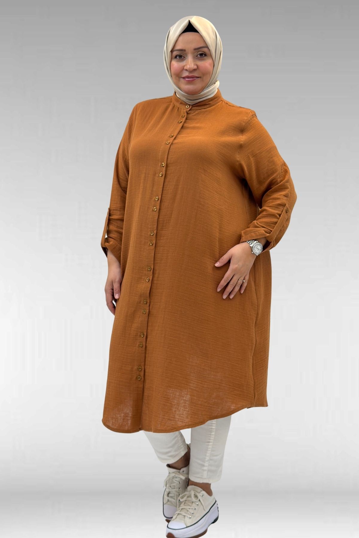 58092 Büyük Beden Çift Düğme Detaylı Müslin Gömlek - Tarçın