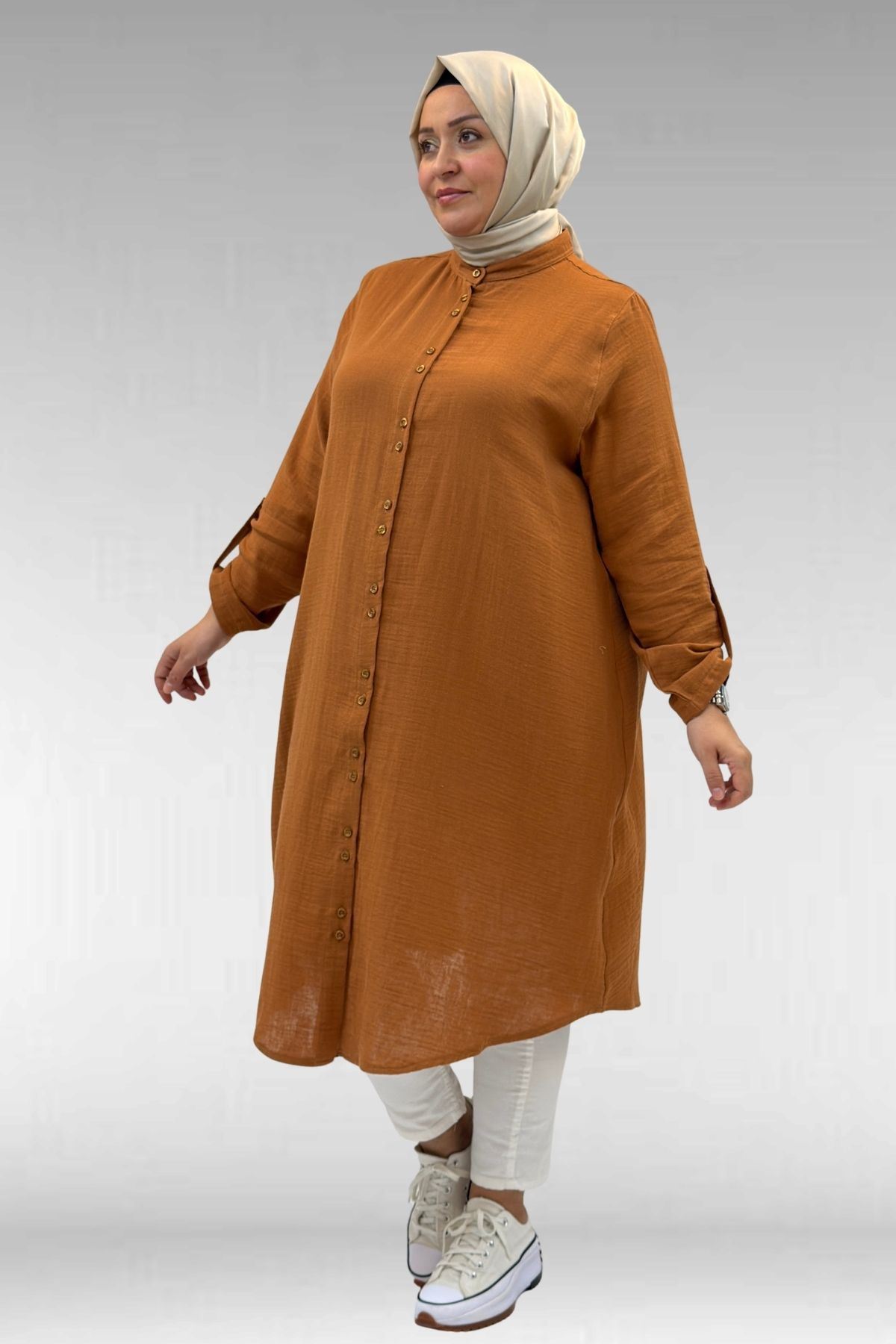 58092 Büyük Beden Çift Düğme Detaylı Müslin Gömlek - Tarçın