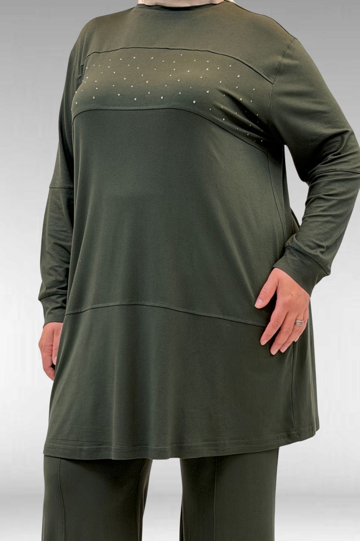 67021 Büyük Beden Taş Baskı Detaylı Parçalı Pantolonlu Takım - Haki