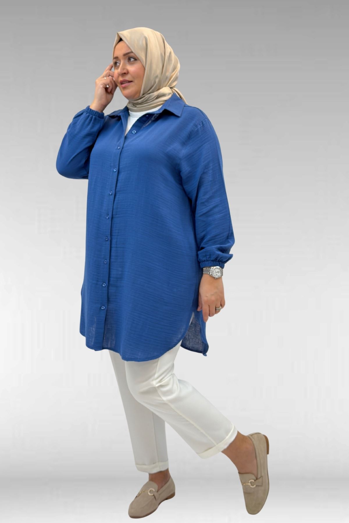 58091 Büyük Beden Kolları Lastikli Müslin Gömlek - İndigo