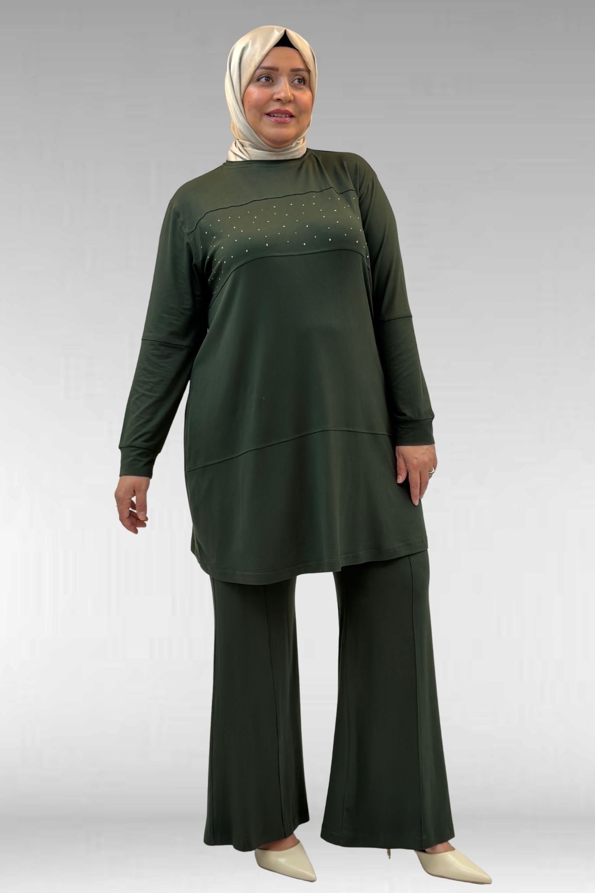 67021 Büyük Beden Taş Baskı Detaylı Parçalı Pantolonlu Takım - Haki