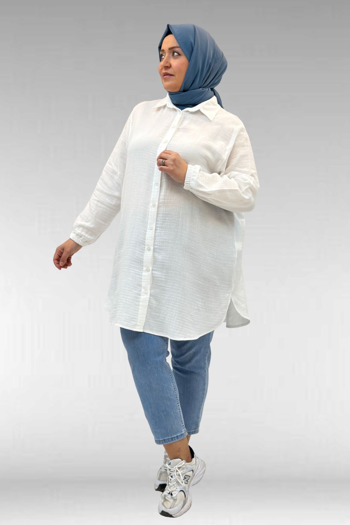 58091 Büyük Beden Kolları Lastikli Müslin Gömlek - Ekru