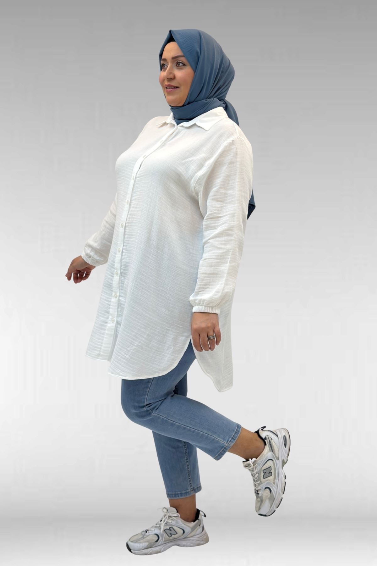 58091 Büyük Beden Kolları Lastikli Müslin Gömlek - Ekru