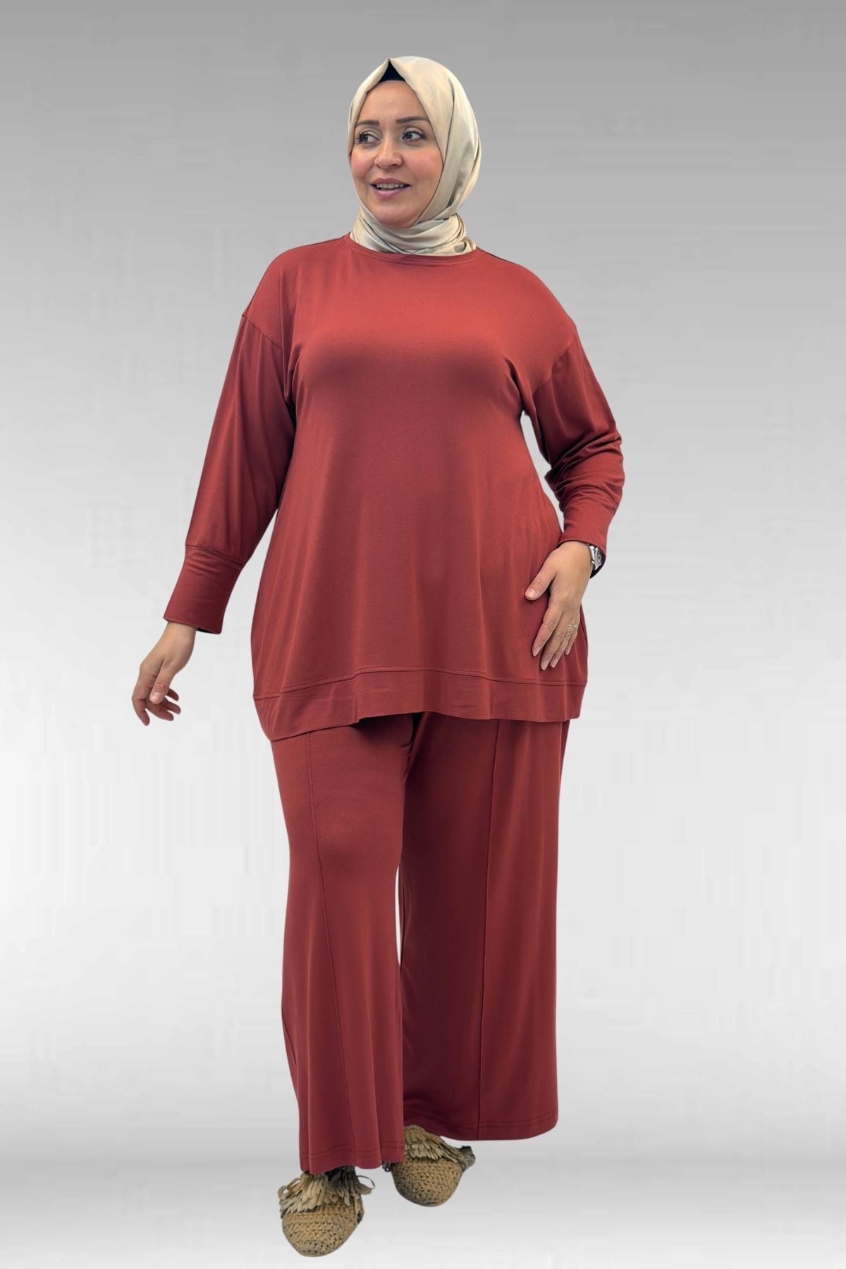 67007 Büyük Beden Kol Ve Etek Ucu Kendinden Ribanalı Pantolonlu Takım - Kiremit