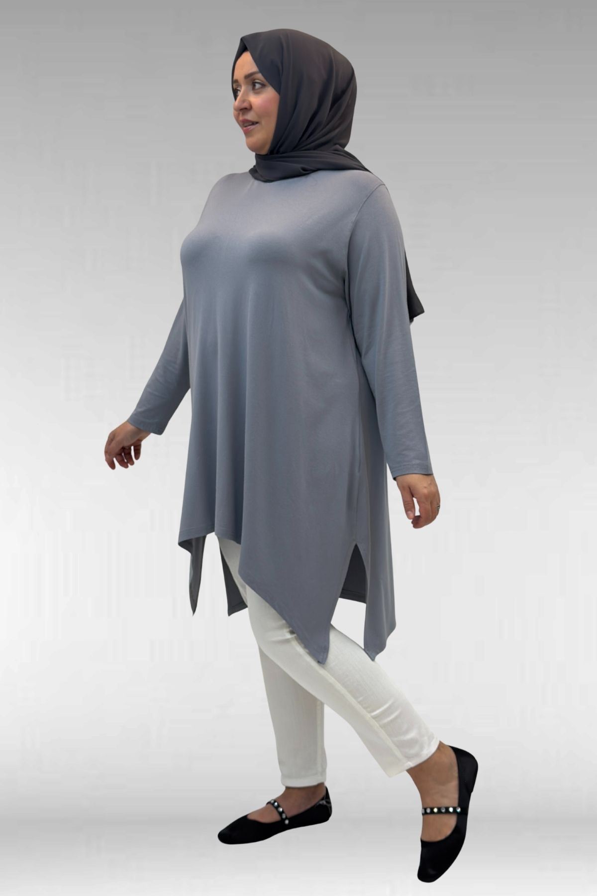 58070 Büyük Beden Asimetrik Kesim Penye Tunik - Gri