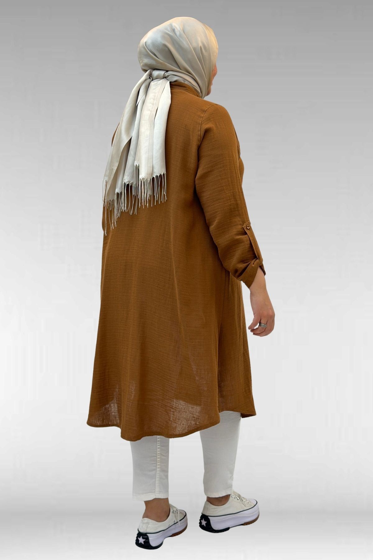 58092 Büyük Beden Çift Düğme Detaylı Müslin Gömlek - Kahve