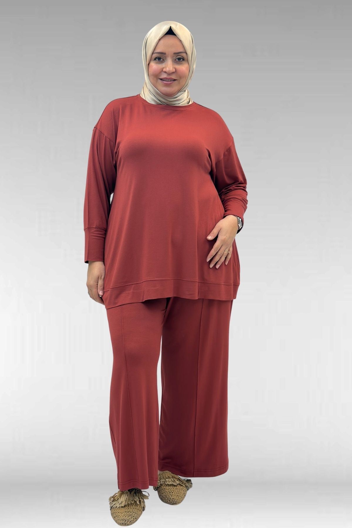 67007 Büyük Beden Kol Ve Etek Ucu Kendinden Ribanalı Pantolonlu Takım - Kiremit