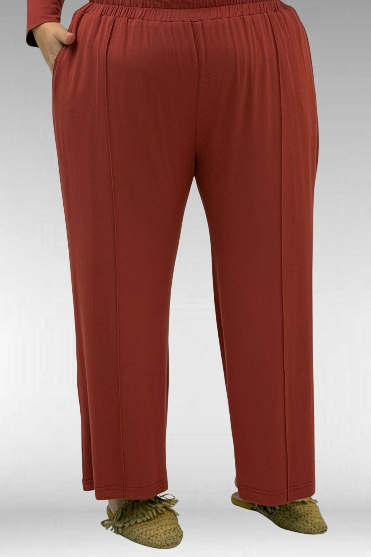 67007 Büyük Beden Kol Ve Etek Ucu Kendinden Ribanalı Pantolonlu Takım - Kiremit