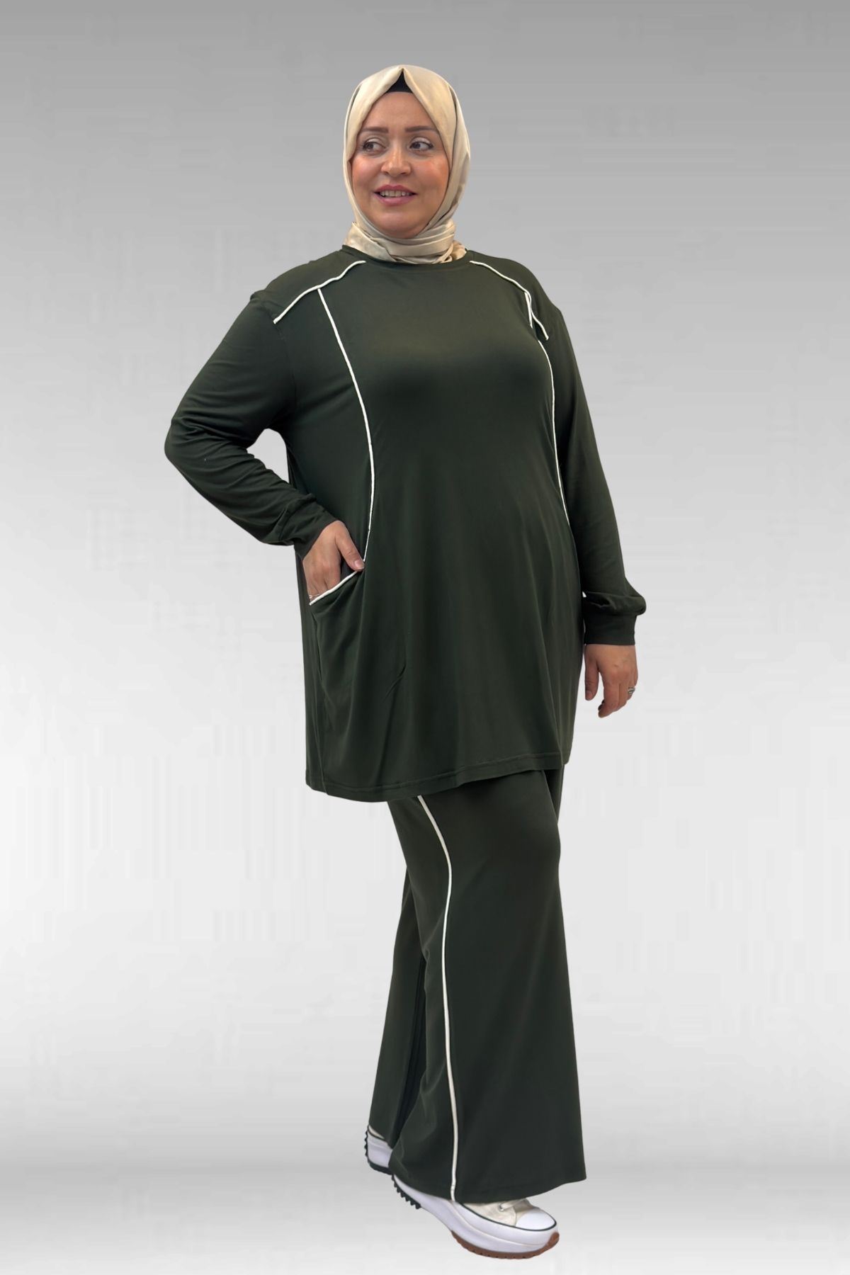 67012 Büyük Beden Biye Detaylı Penye Pantolonlu Takım - Haki