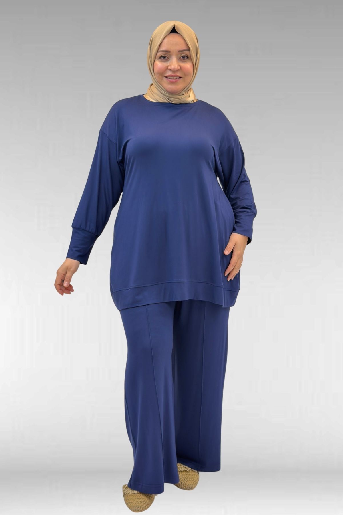 67007 Büyük Beden Kol Ve Etek Ucu Kendinden Ribanalı Pantolonlu Takım - İndigo