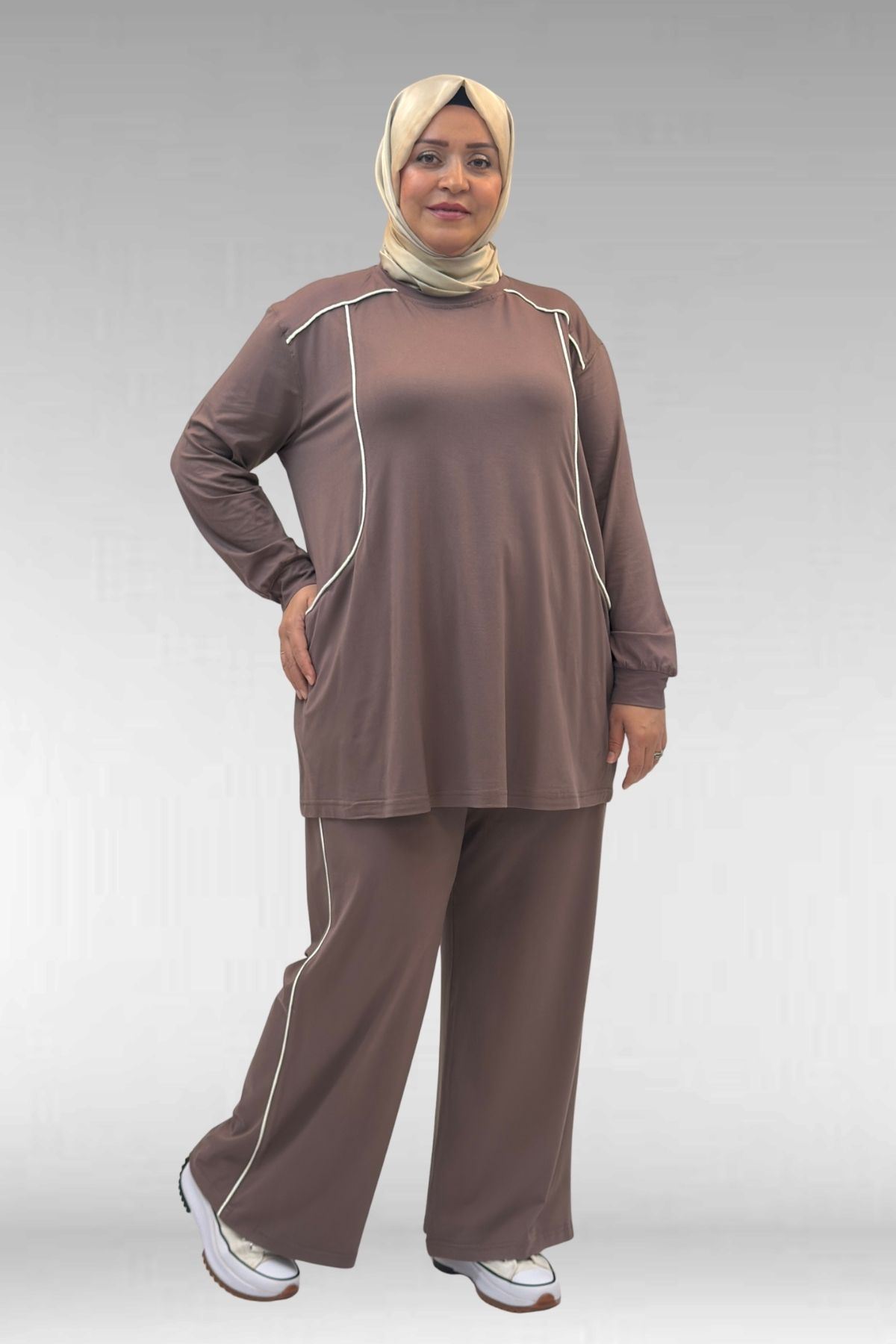 67012 Büyük Beden Biye Detaylı Penye Pantolonlu Takım - Vizon