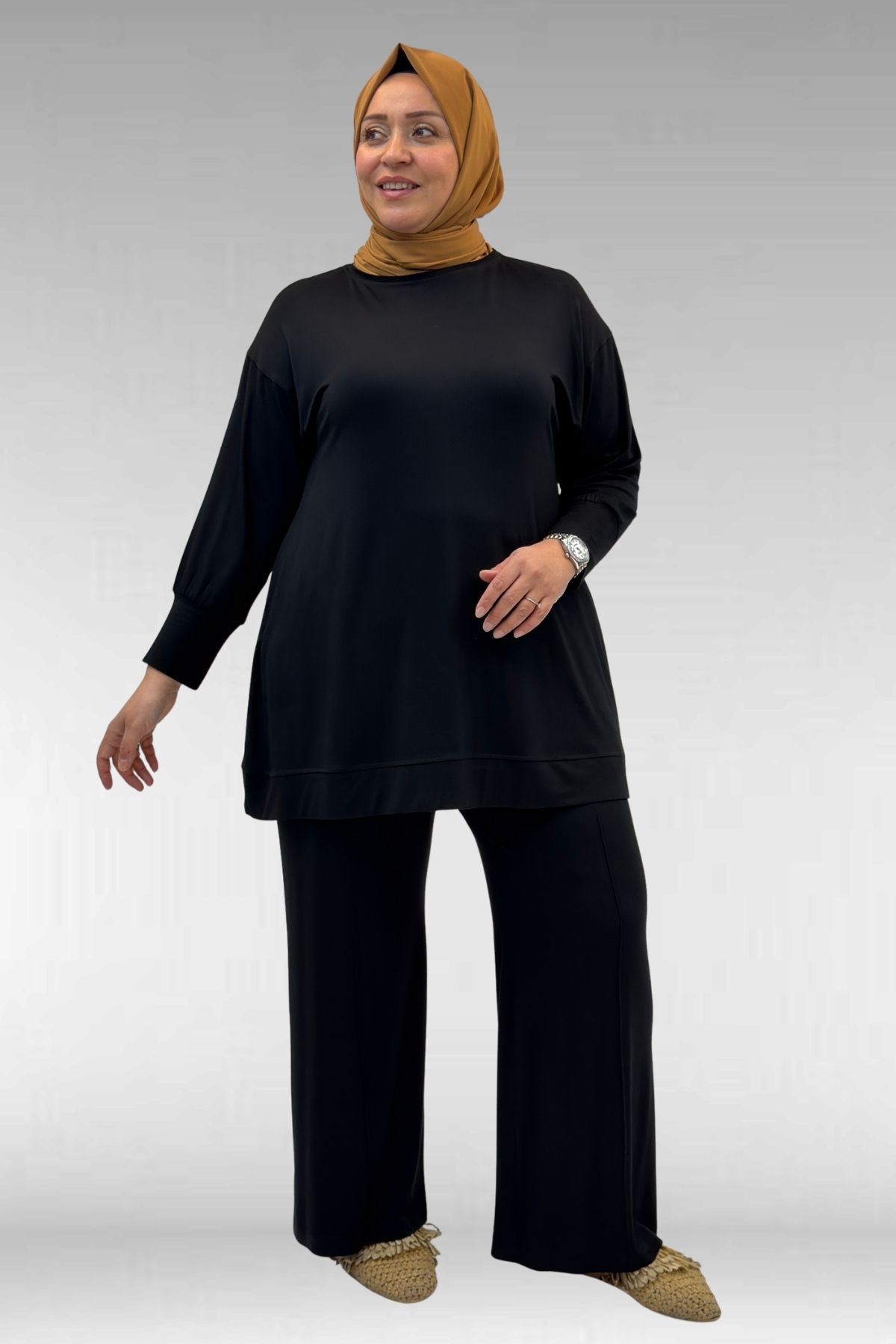 67007 Büyük Beden Kol Ve Etek Ucu Kendinden Ribanalı Pantolonlu Takım - Siyah