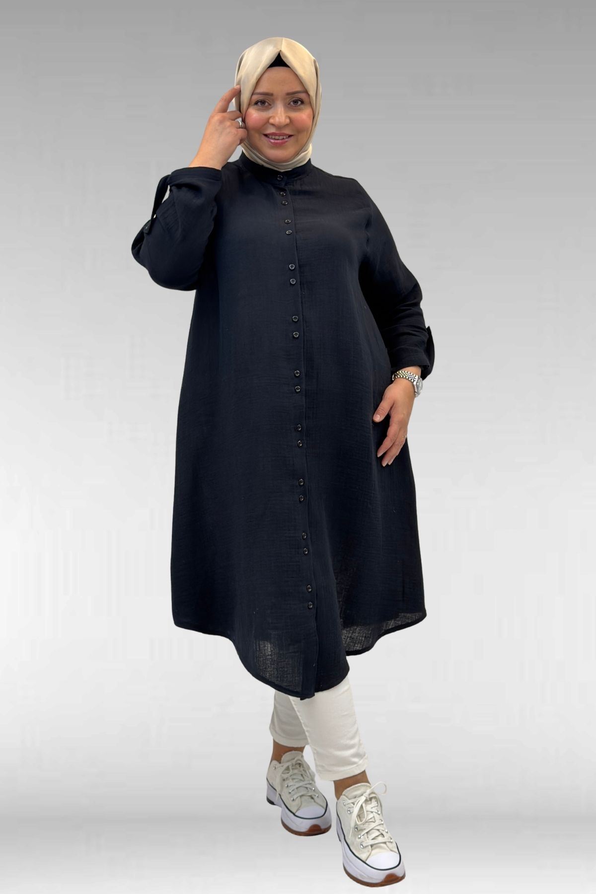 58092 Büyük Beden  Çift Düğme Detaylı Müslin Gömlek - Siyah