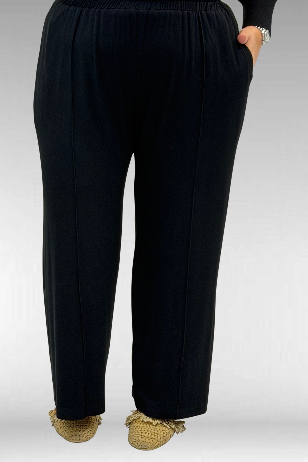 67007 Büyük Beden Kol Ve Etek Ucu Kendinden Ribanalı Pantolonlu Takım - Siyah