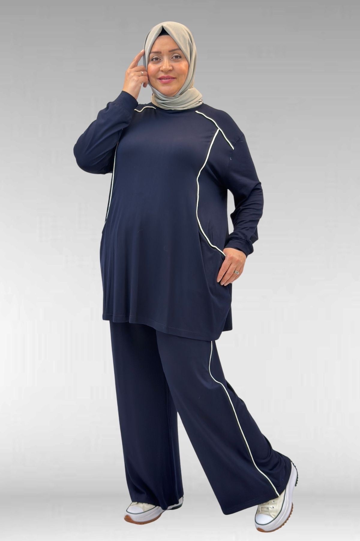 67012 Büyük Beden Biye Detaylı Penye Pantolonlu Takım - Lacivert