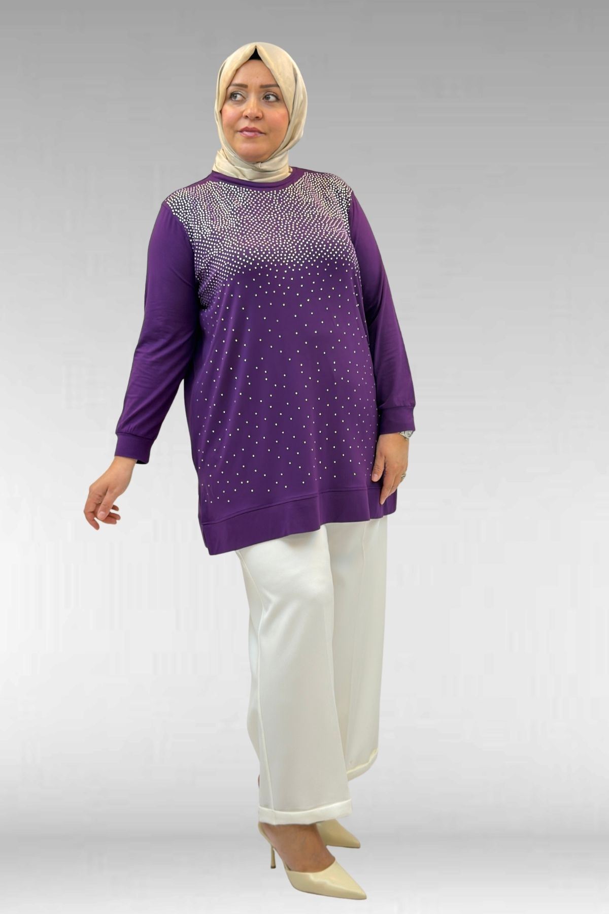 68011 Büyük Beden Önü Taş Detaylı Penye Tunik - Mor