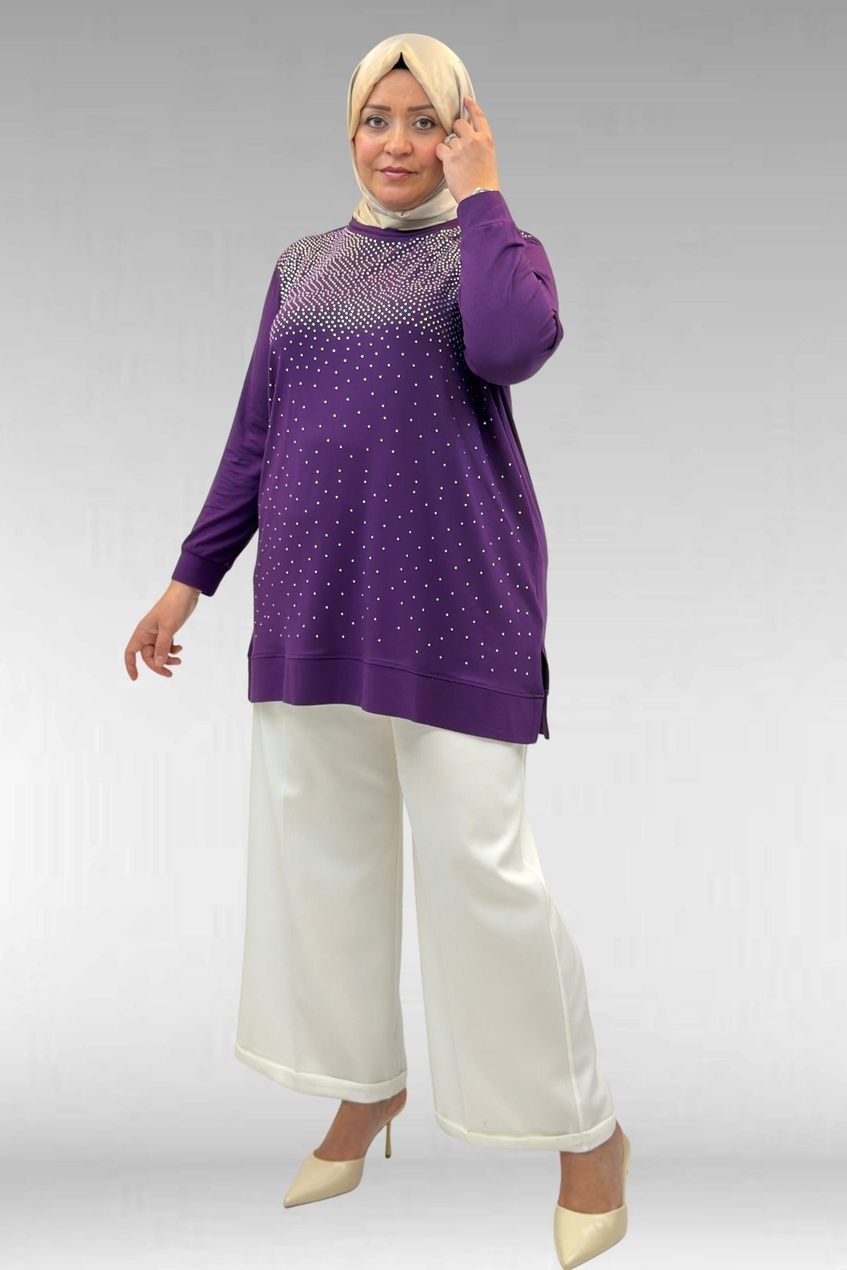 68011 Büyük Beden Önü Taş Detaylı Penye Tunik - Mor