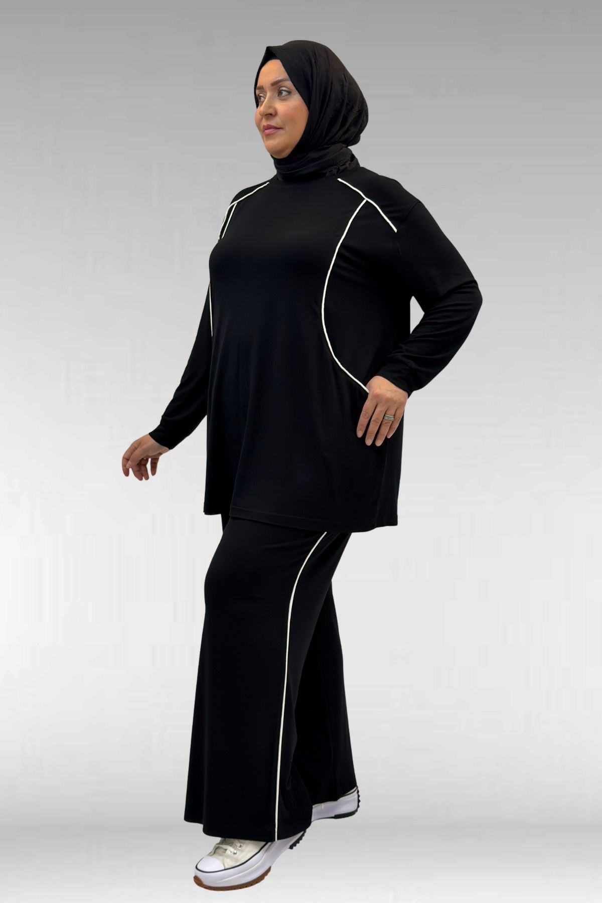 67012 Büyük Beden Biye Detaylı Penye Pantolonlu Takım - Siyah