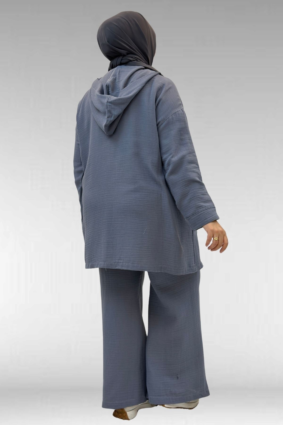 67035 Büyük Beden Kapşonlu Fermuarlı Müslin Pantolonlu Takım - Antrasit