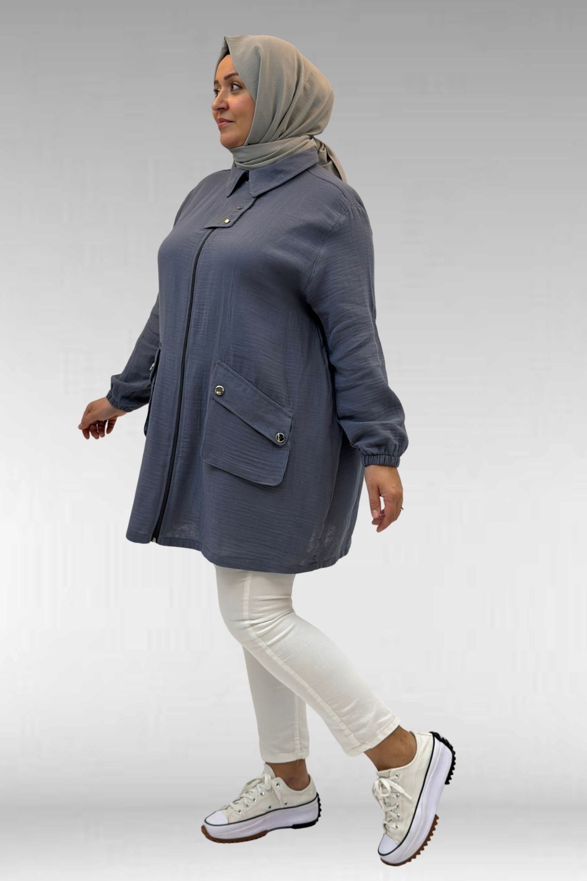 63001 Büyük Beden Cep Ve Patı Çıtçıt Detaylı Müslin Ceket - Antrasit