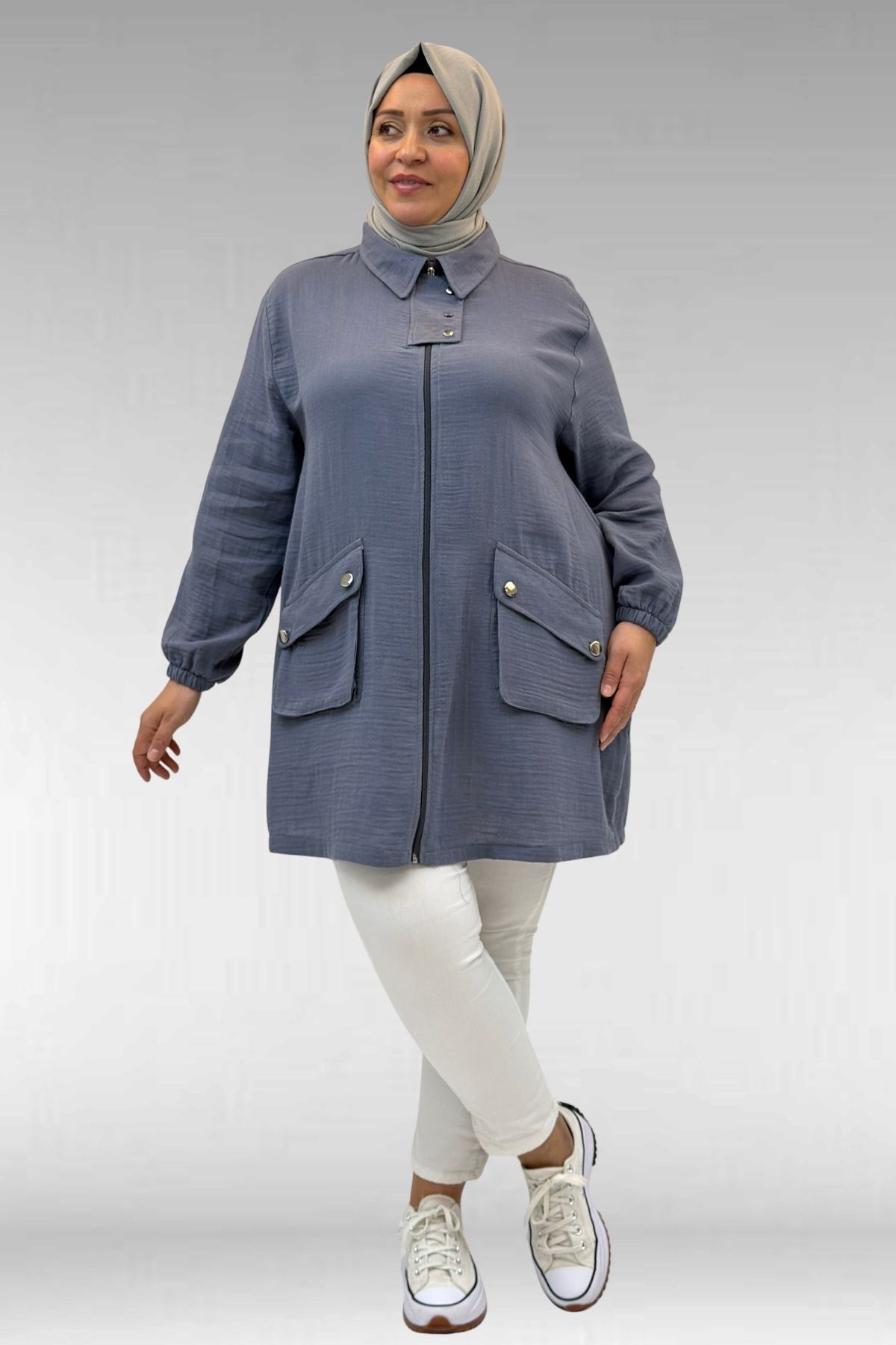 63001 Büyük Beden Cep Ve Patı Çıtçıt Detaylı Müslin Ceket - Antrasit