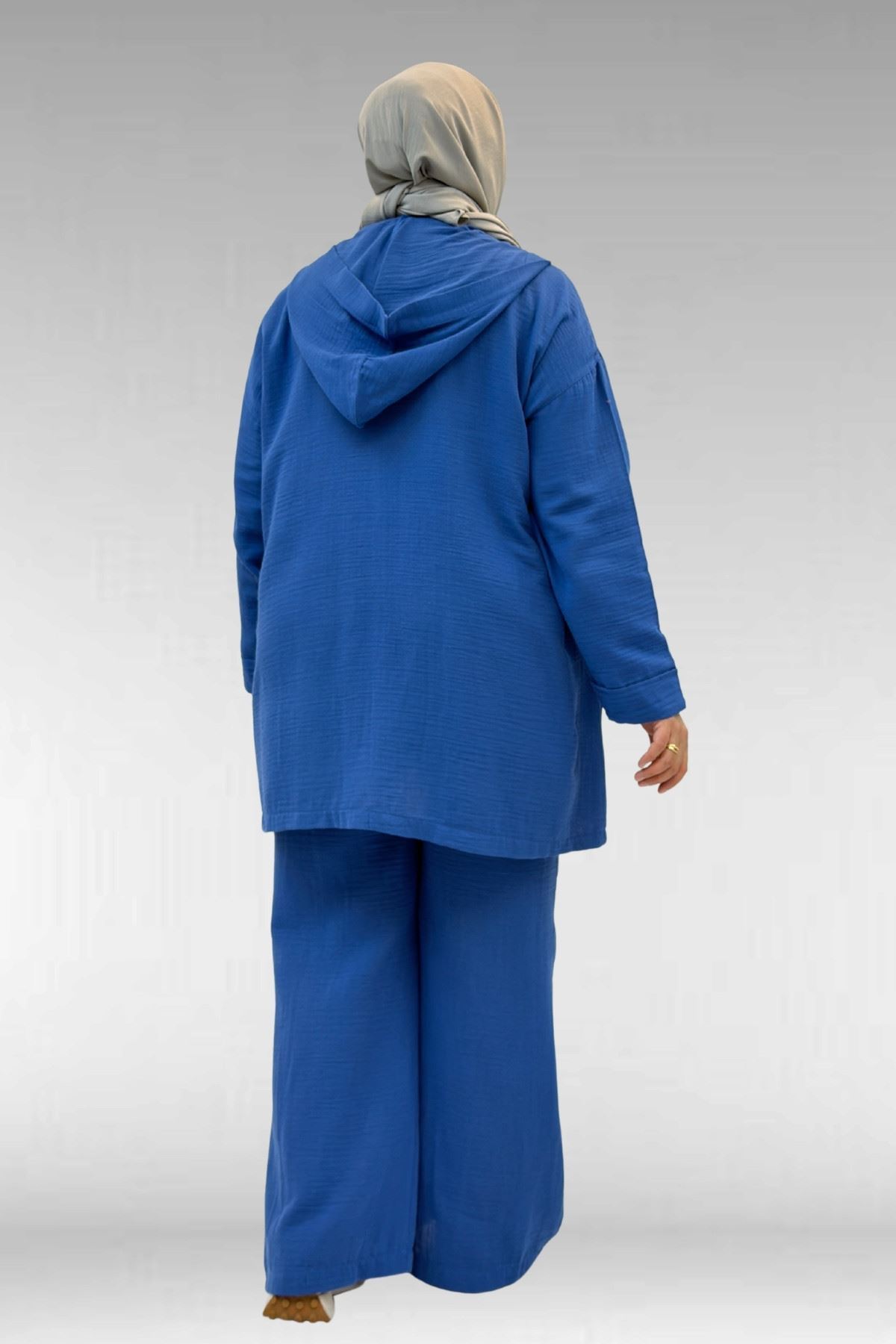 67035 Büyük Beden Kapşonlu Fermuarlı Müslin Pantolonlu Takım - İndigo