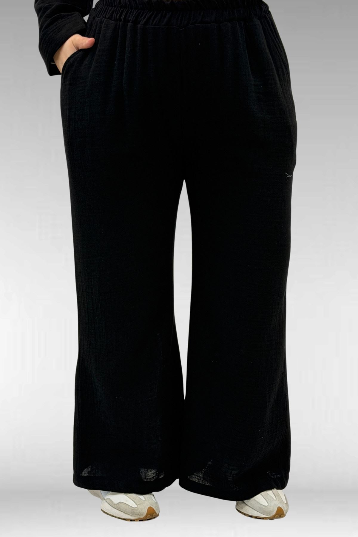 67035 Büyük Beden Kapşonlu Fermuarlı Müslin Pantolonlu Takım - Siyah