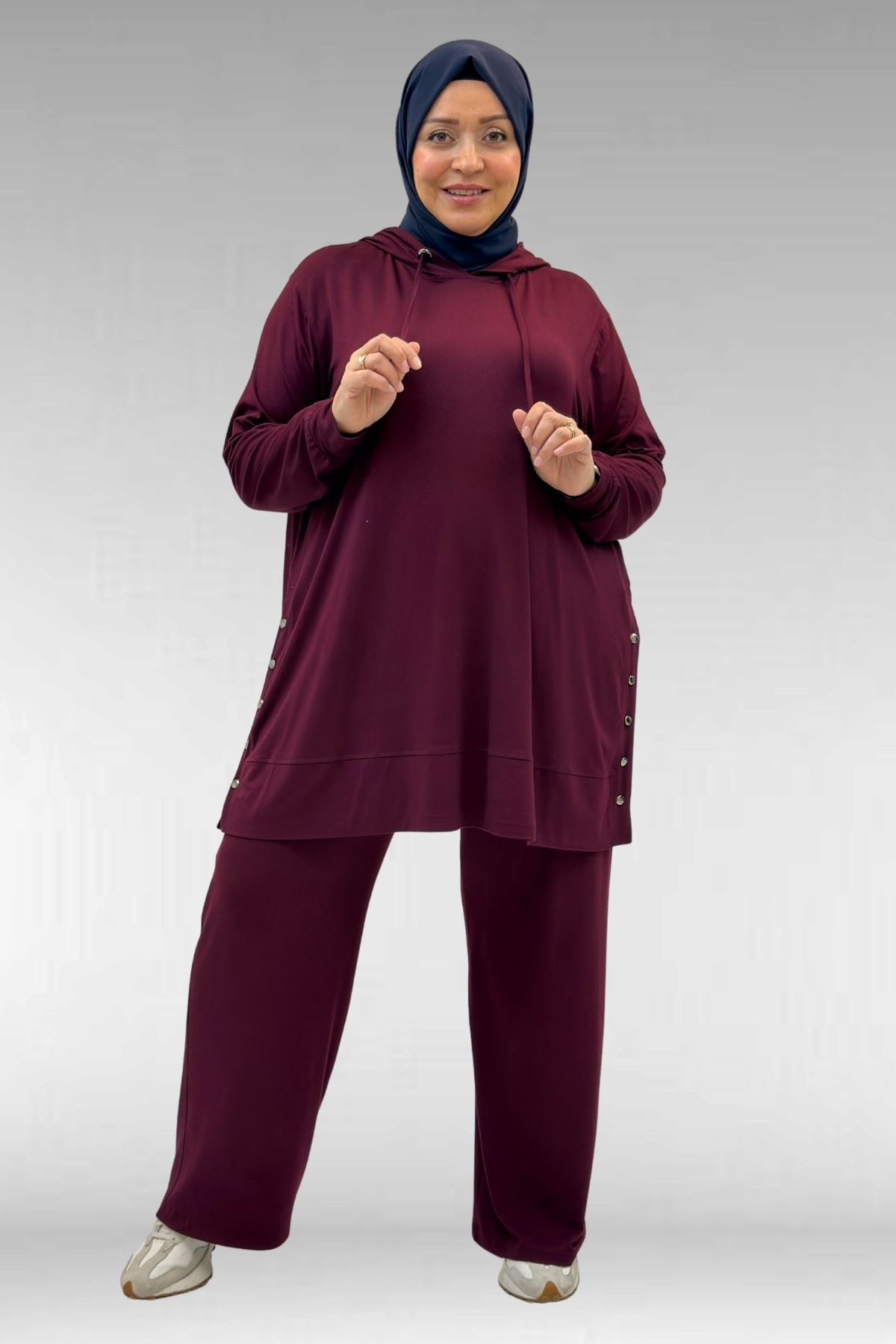67034 Büyük Beden Yanları Patlı Penye Pantolonlu Takım - Bordo