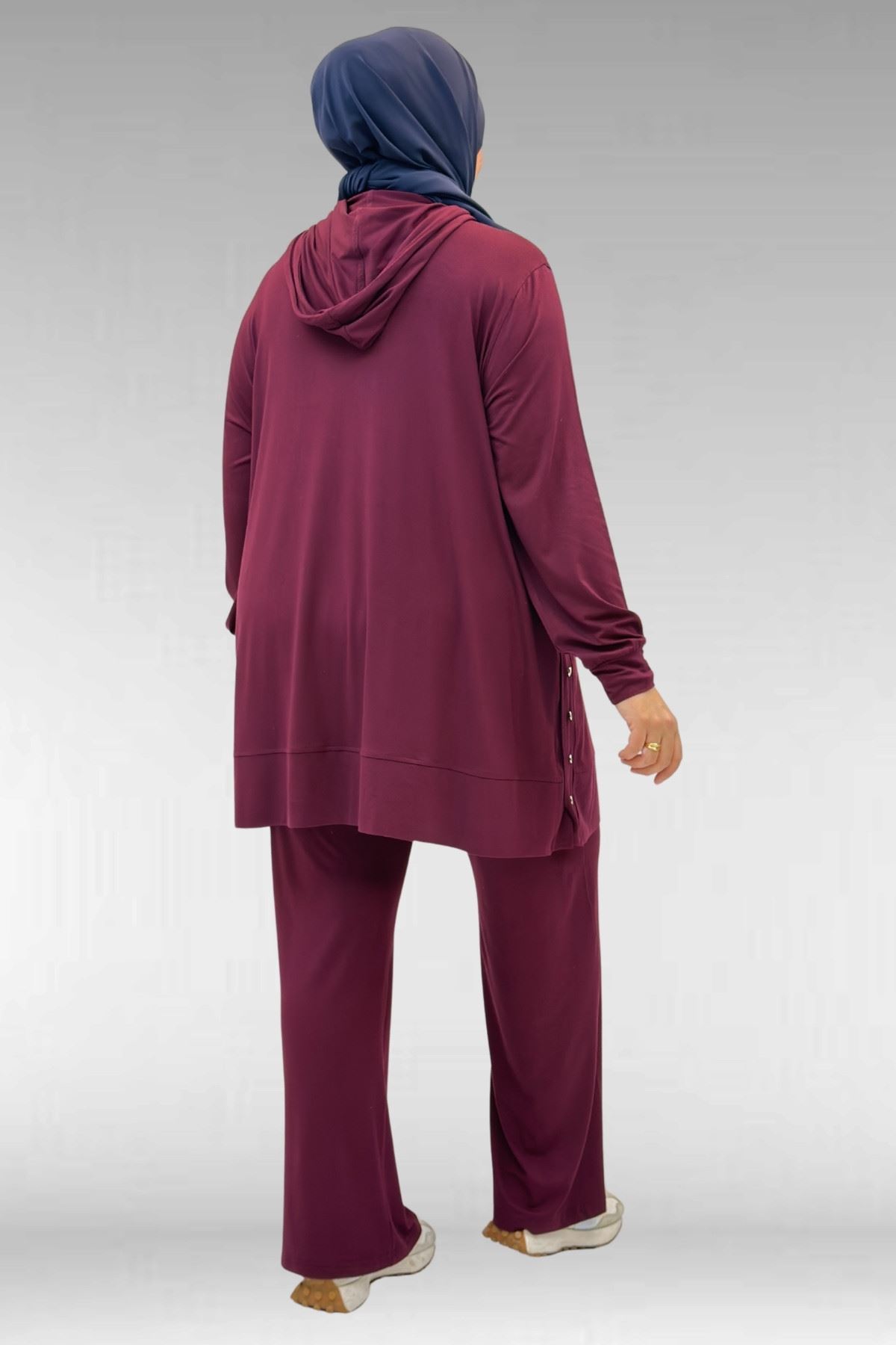 67034 Büyük Beden Yanları Patlı Penye Pantolonlu Takım - Bordo