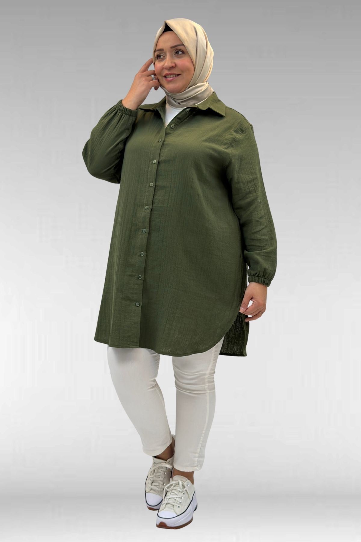 58091 Büyük Beden Kolları Lastikli Müslin Gömlek - Haki