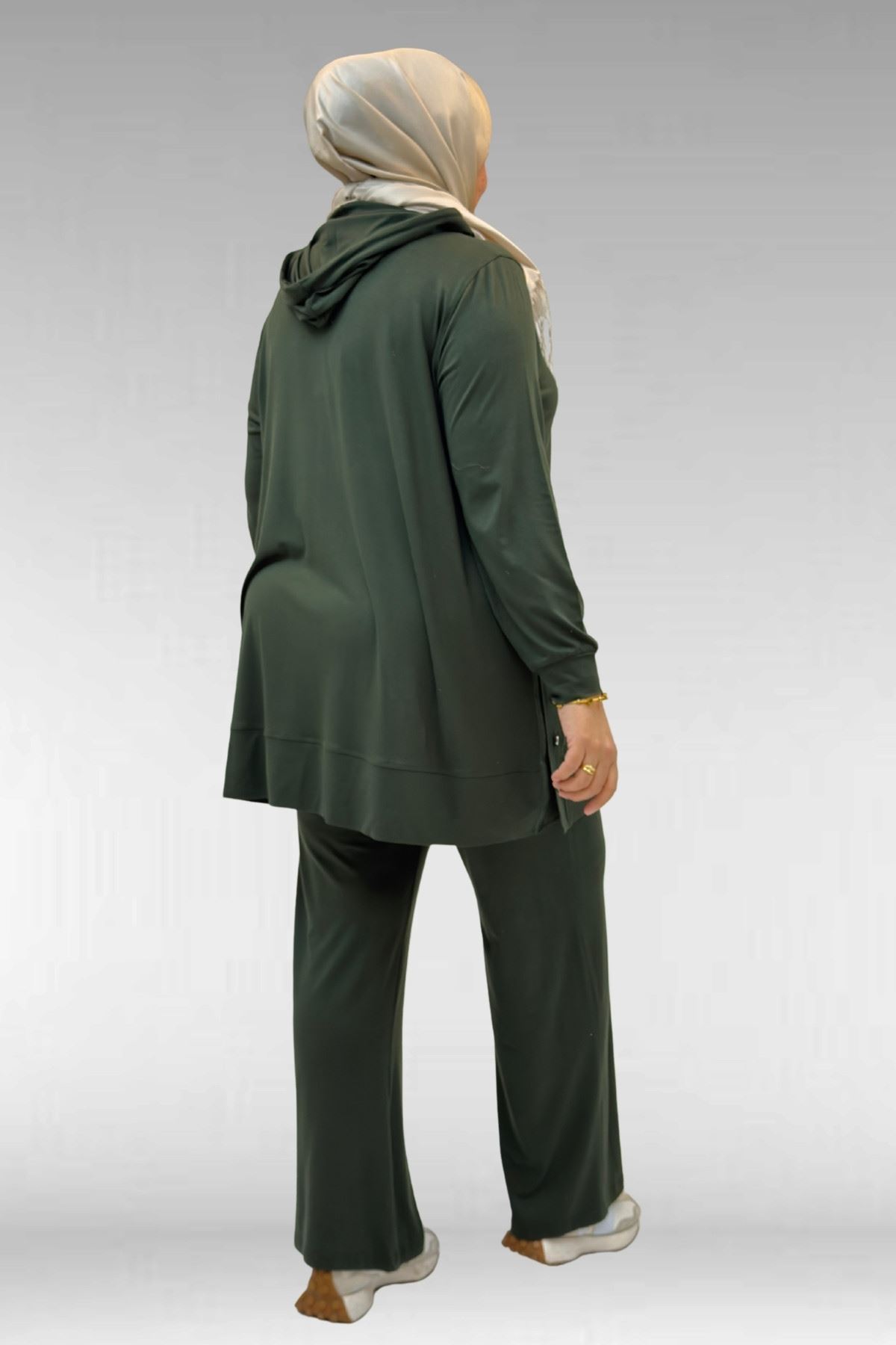 67034 Büyük Beden Yanları Patlı Penye Pantolonlu Takım - Haki