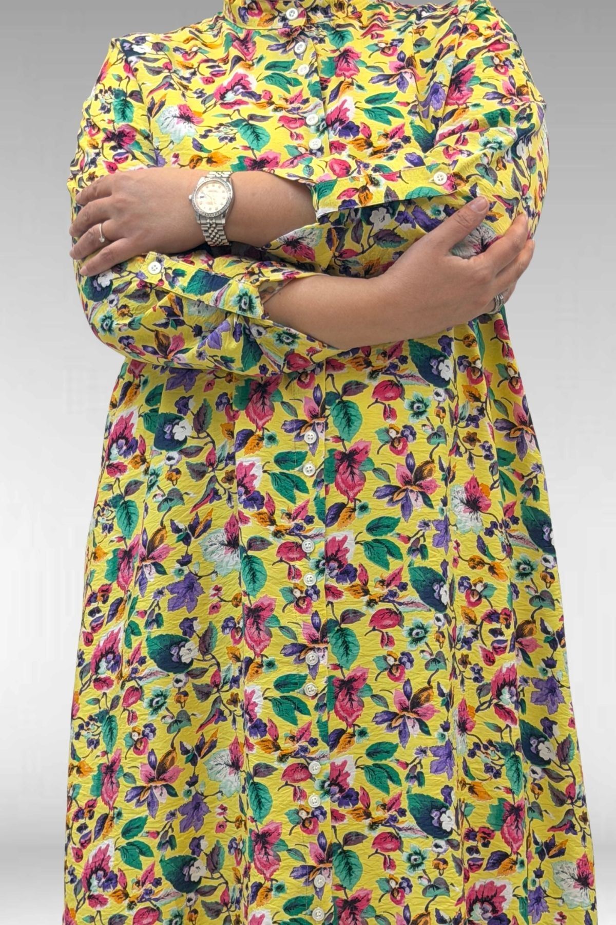 68014 Büyük Beden Hakimyaka Çift Düğmeli Mango Tunik - Desenli Sarı