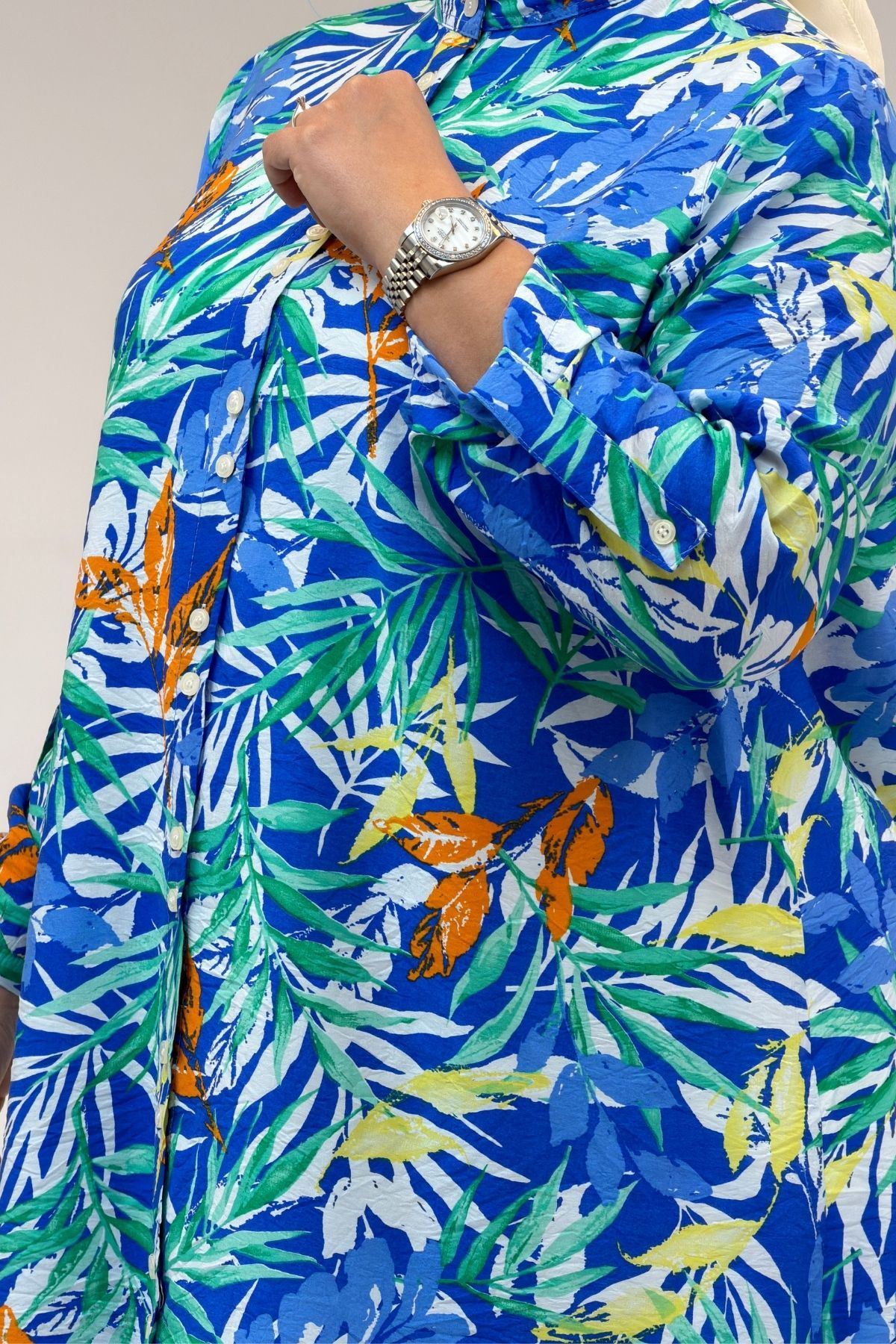 68014 Büyük Beden Hakimyaka Çift Düğmeli Mango Tunik - Desenli Saks