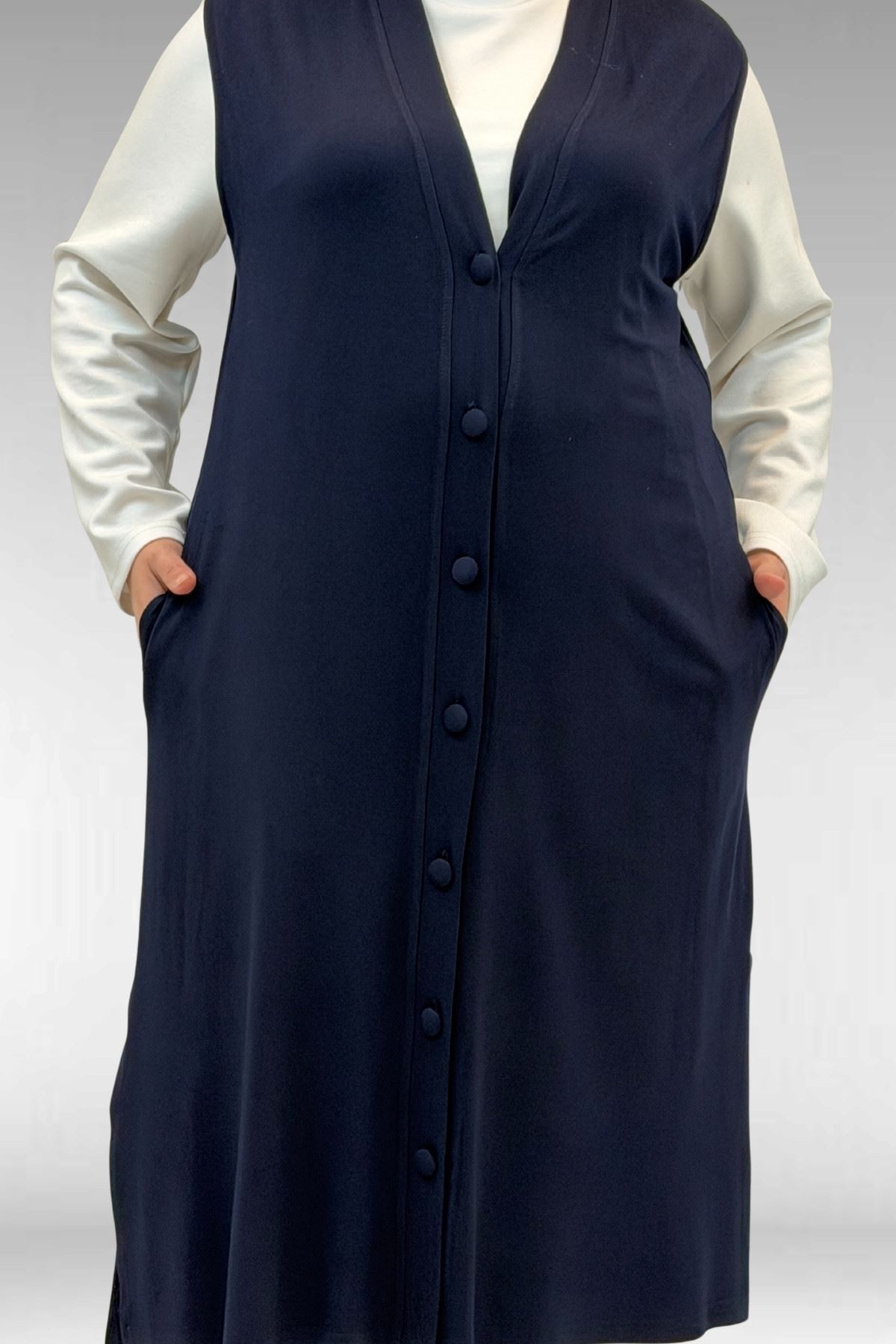 54017 Büyük Beden Kaplama Düğmeli Giy-Çık Penye Yelek - Lacivert