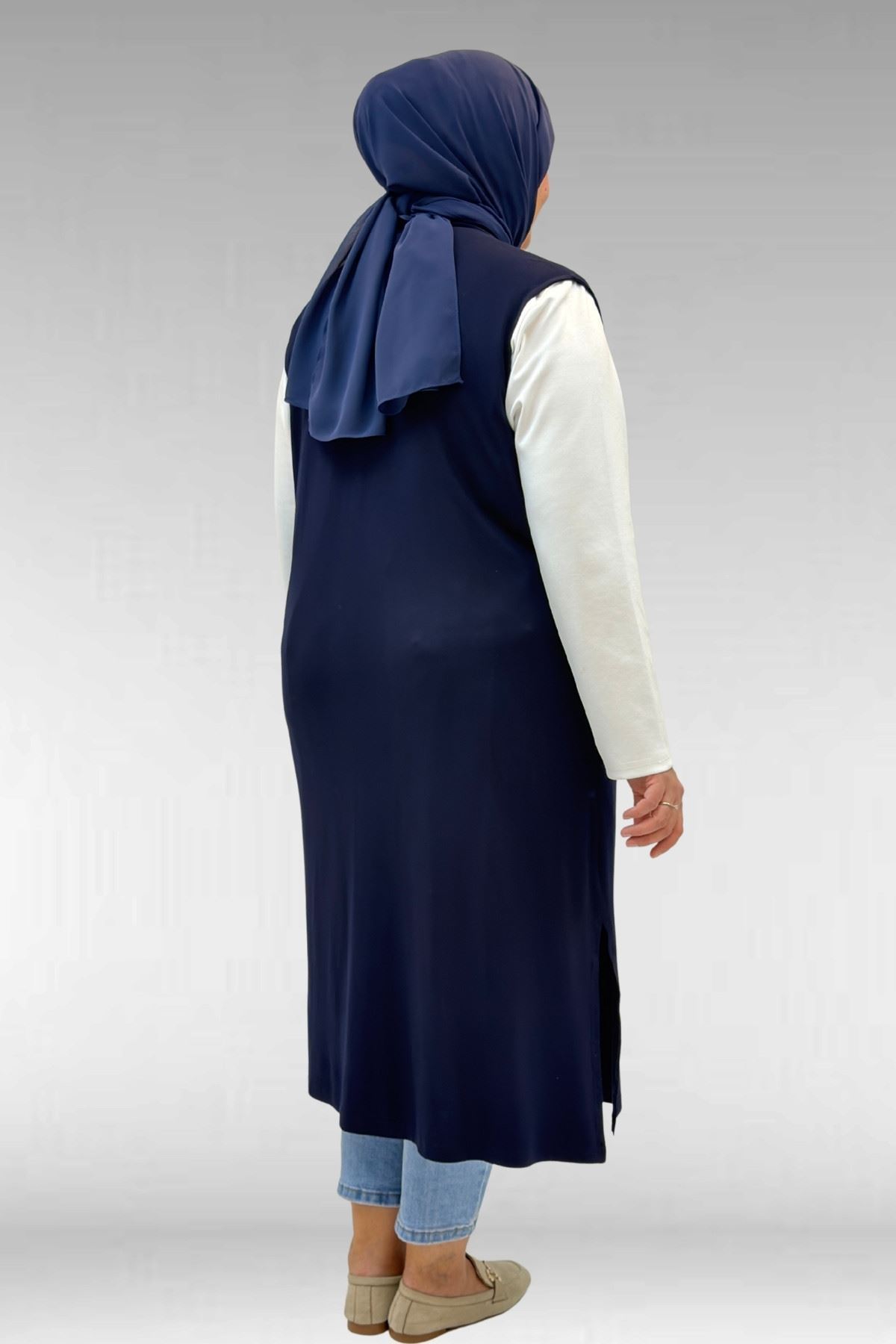 54017 Büyük Beden Kaplama Düğmeli Giy-Çık Penye Yelek - Lacivert