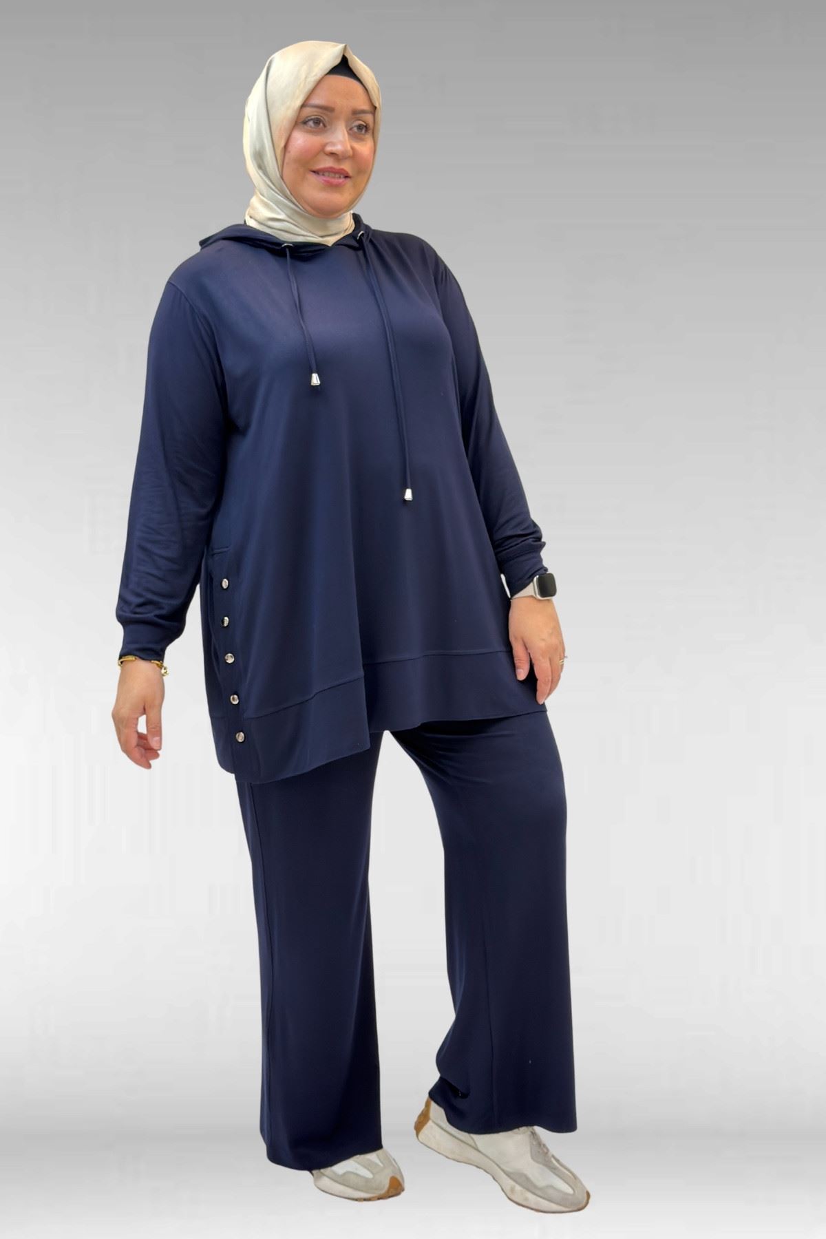 67034 Büyük Beden Yanları Patlı Penye Pantolonlu Takım - Lacivert