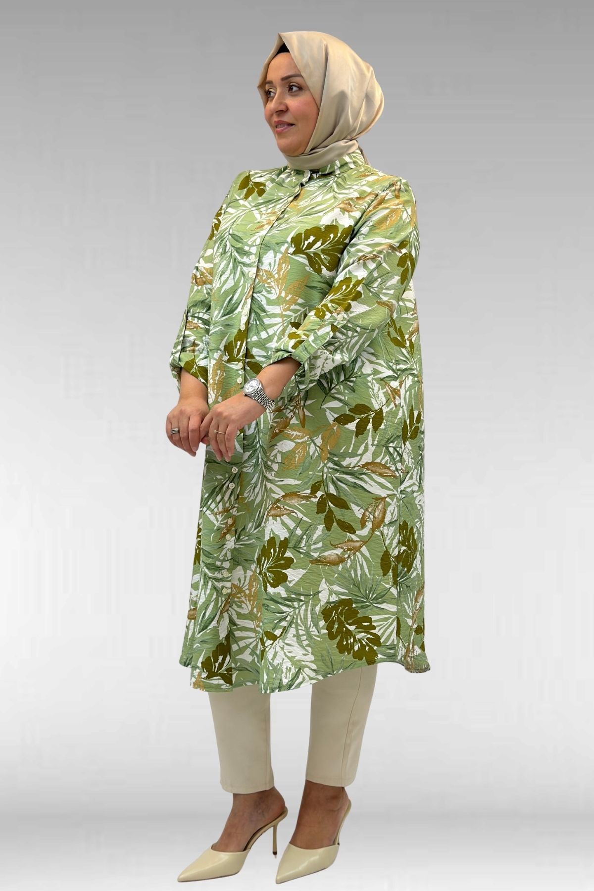 68014 Büyük Beden Hakimyaka Çift Düğmeli Mango Tunik - Desenli Haki