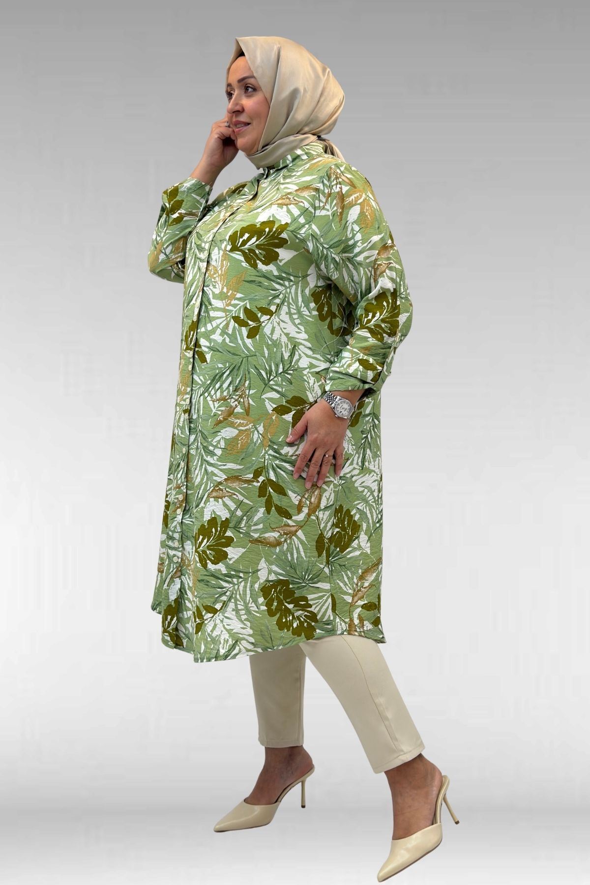68014 Büyük Beden Hakimyaka Çift Düğmeli Mango Tunik - Desenli Haki