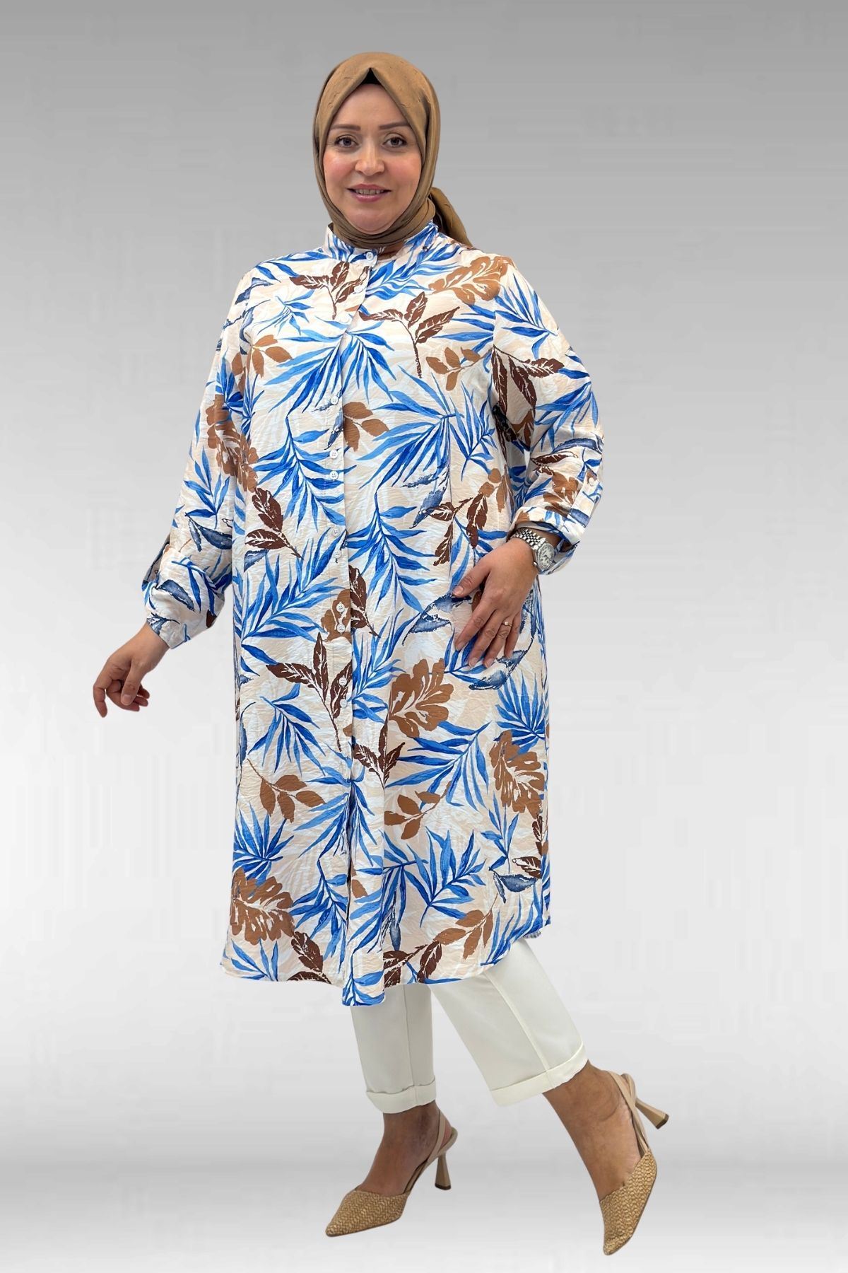 68014 Büyük Beden Hakimyaka Çift Düğmeli Mango Tunik - Yaprak Desen Vizon