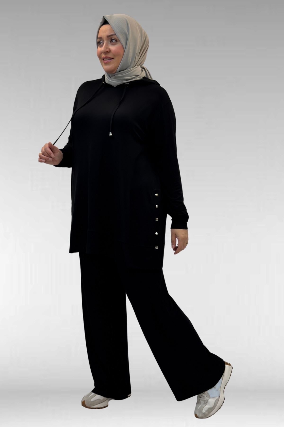 67034 Büyük Beden Yanları Patlı Penye Pantolonlu Takım - Siyah