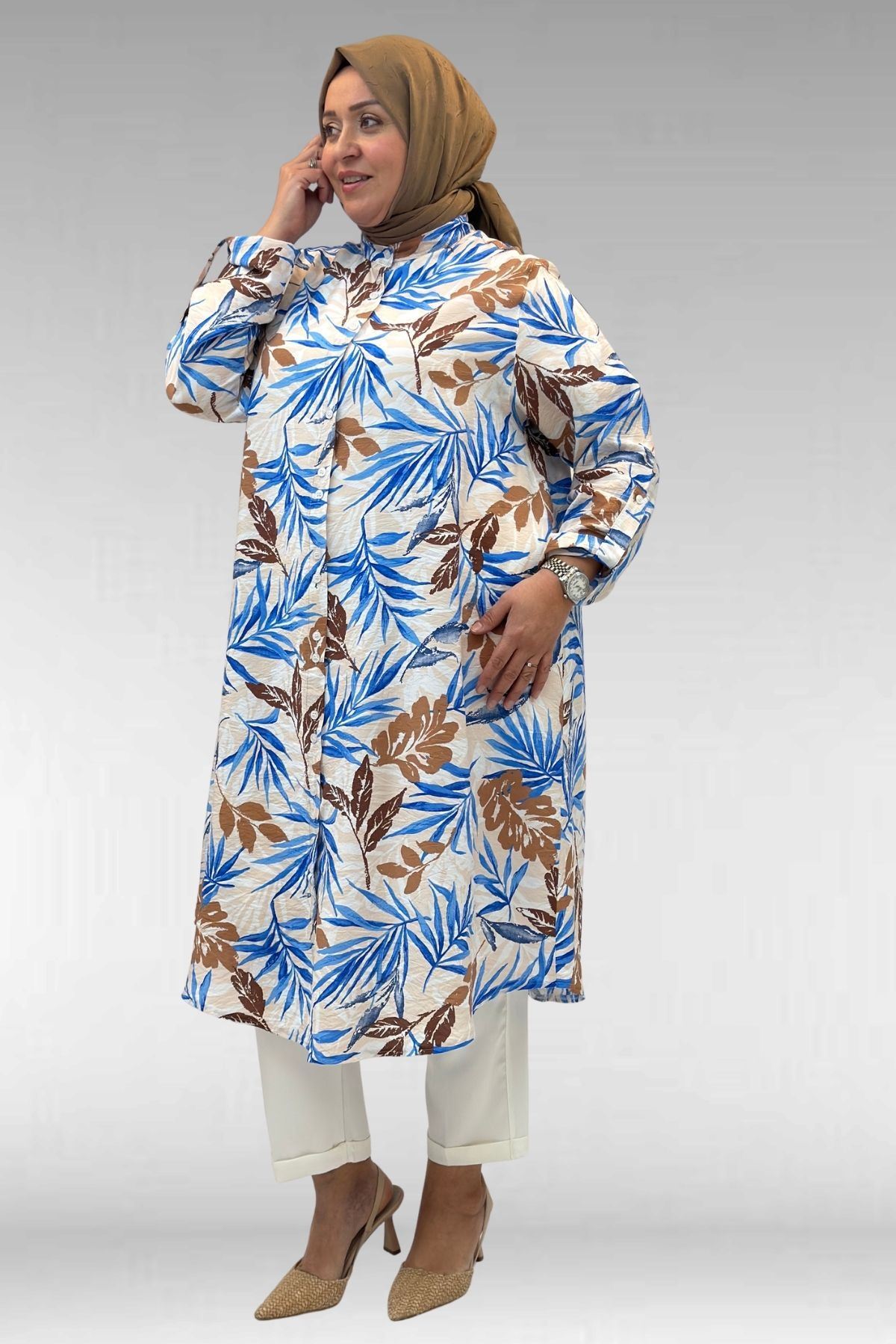 68014 Büyük Beden Hakimyaka Çift Düğmeli Mango Tunik - Yaprak Desen Vizon