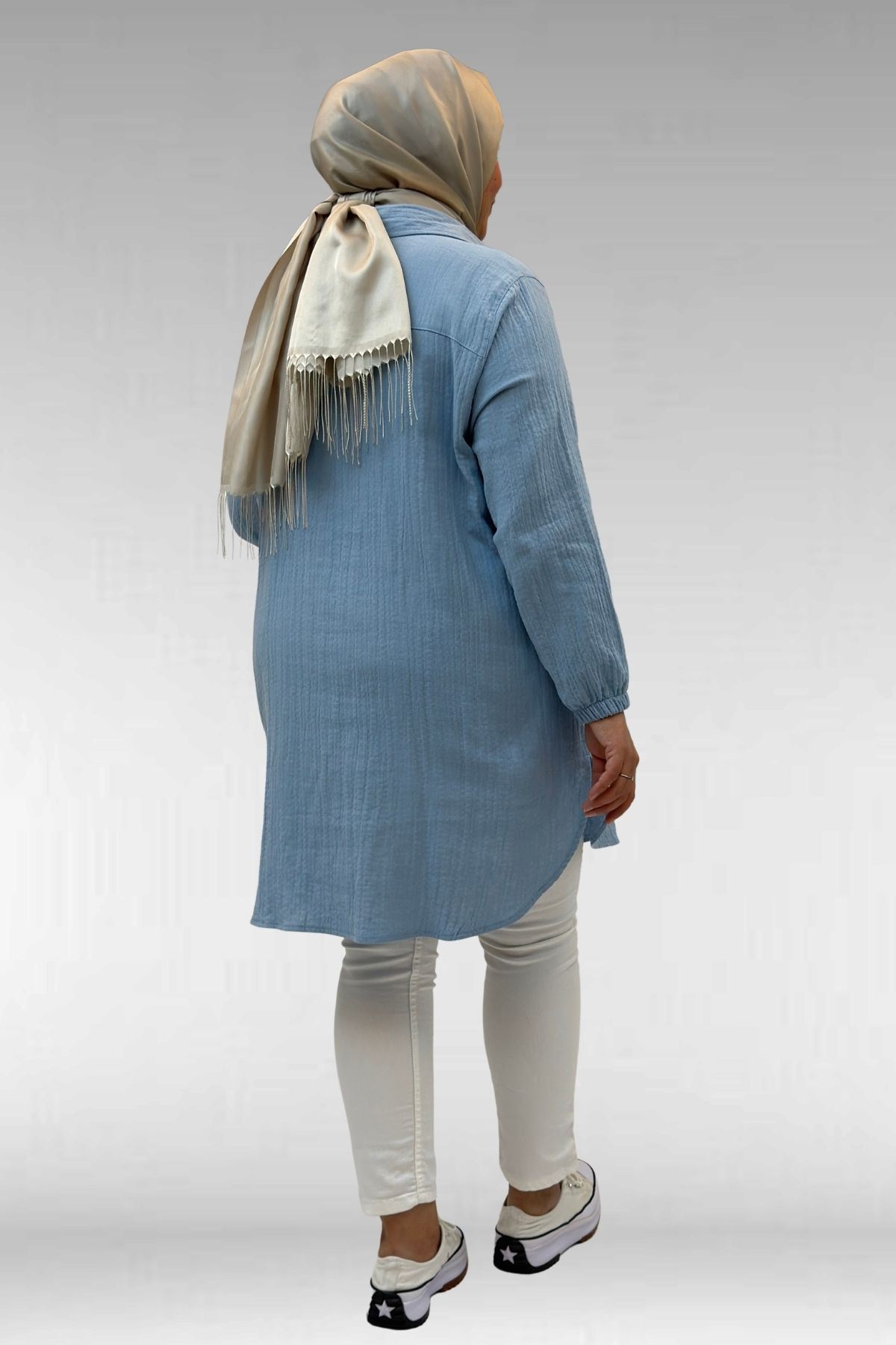 58091 Büyük Beden Kolları Lastikli Müslin Gömlek - Bebe Mavi