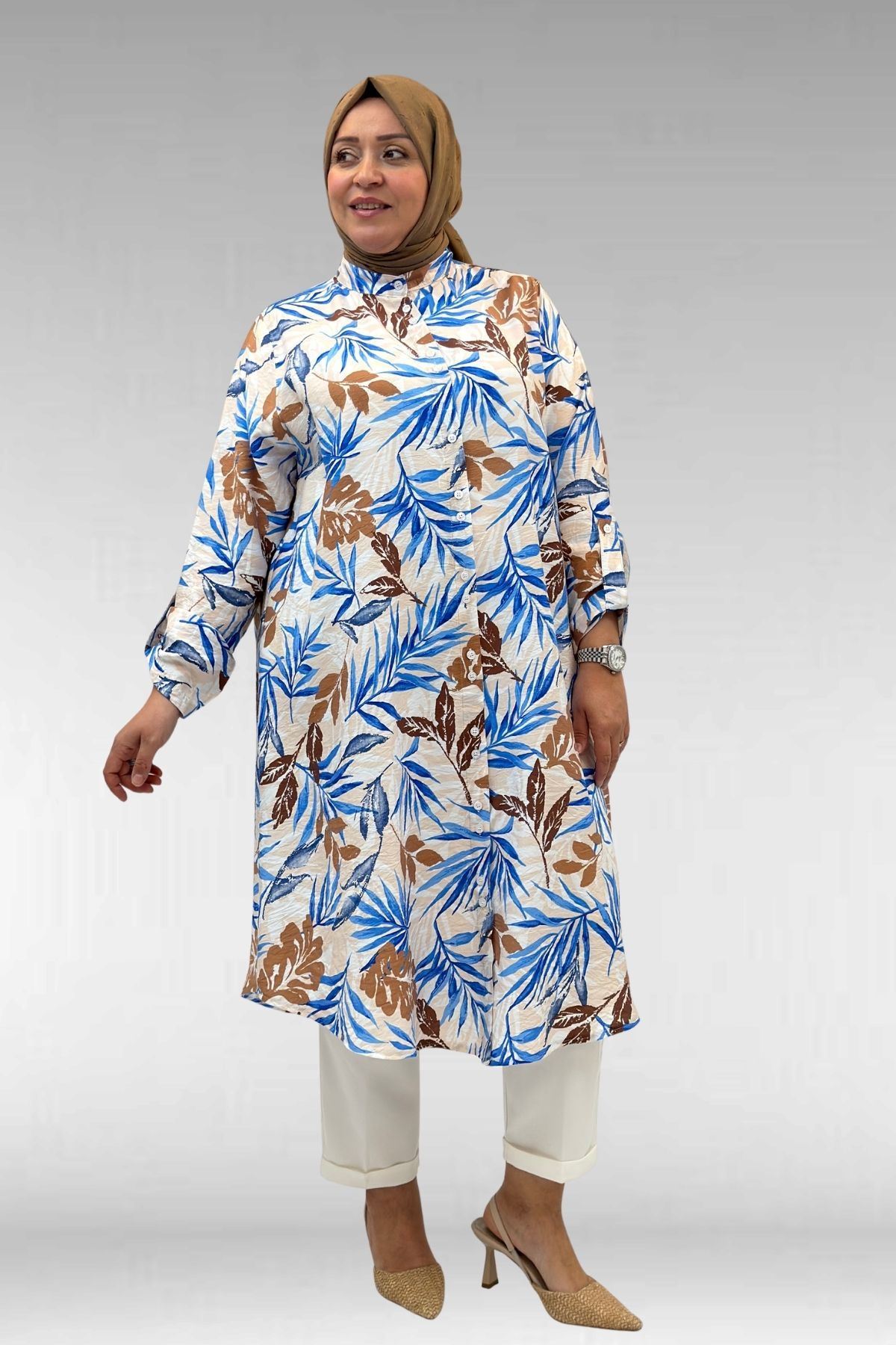 68014 Büyük Beden Hakimyaka Çift Düğmeli Mango Tunik - Yaprak Desen Vizon