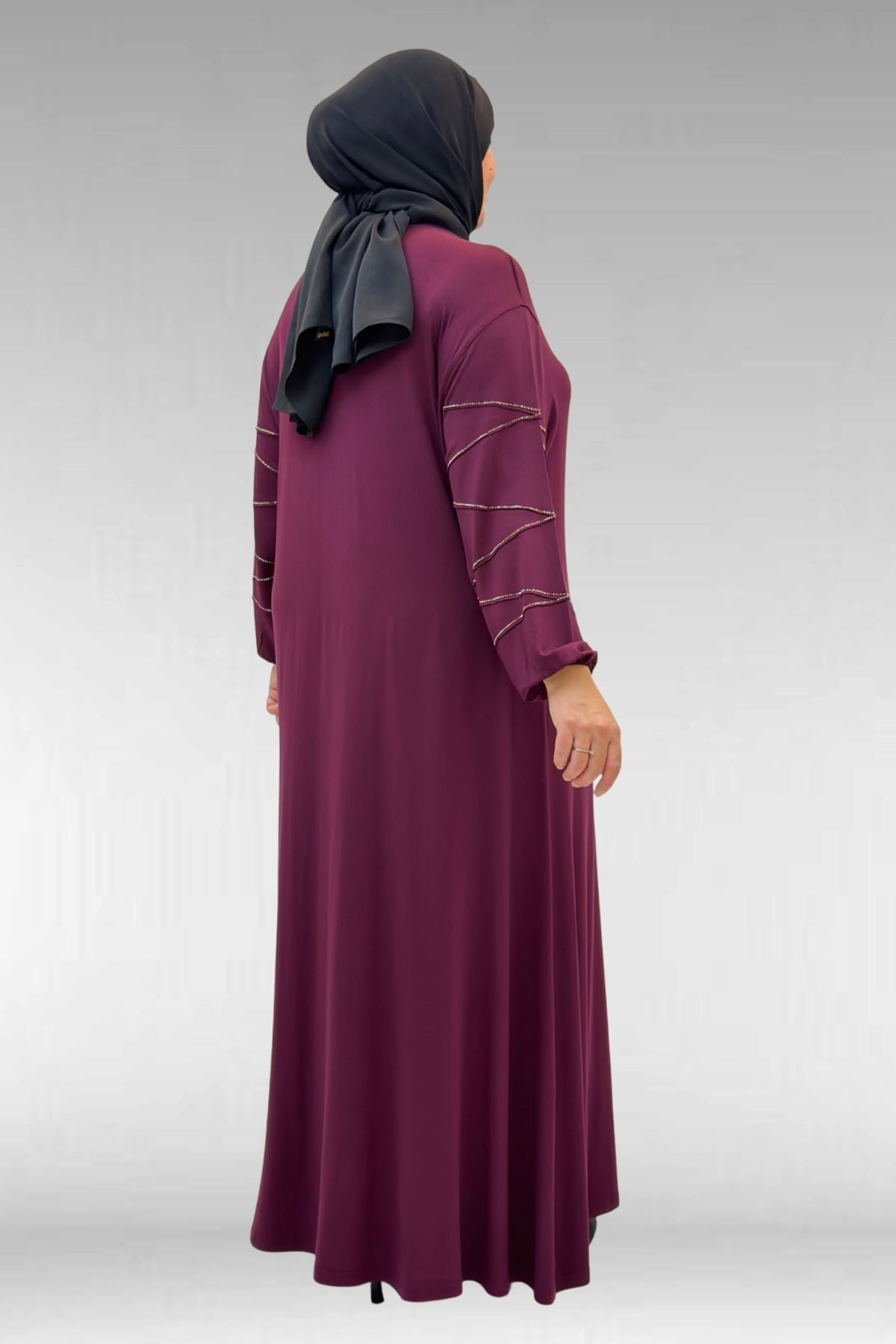 52021 Büyük Beden Çimalı Taş Detaylı Penye Elbise - Bordo