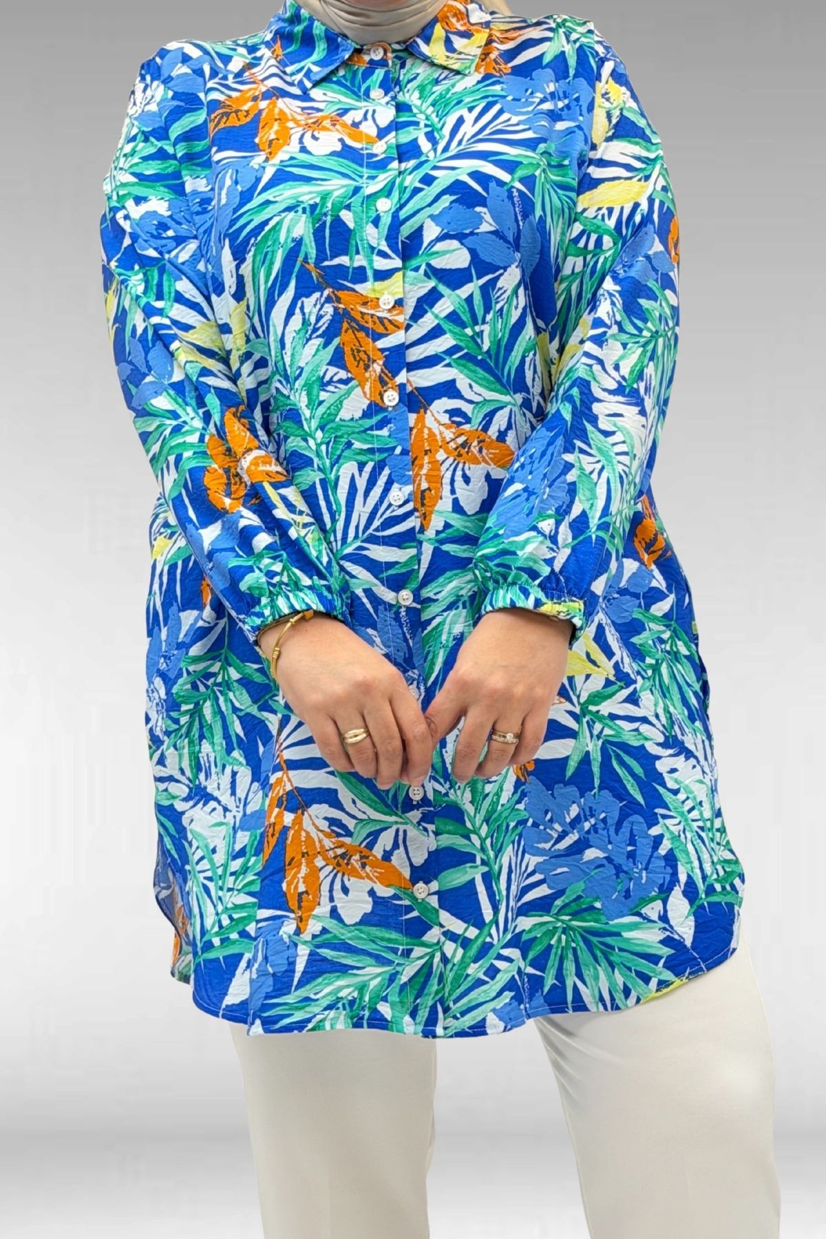 68010 Büyük Beden Yanları Yırtmaçlı Kolları Lastikli Mango Tunik - Desenli Saks