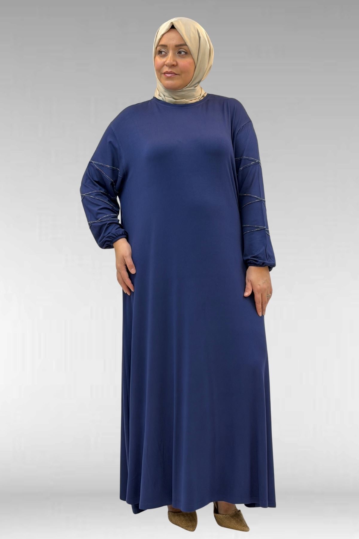 52021 Büyük Beden Çimalı Taş Detaylı Penye Elbise - İndigo