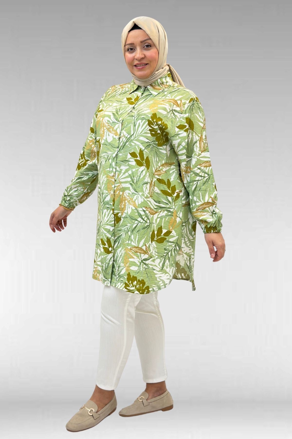 68010 Büyük Beden Yanları Yırtmaçlı Kolları Lastikli Mango Tunik - Desenli Haki