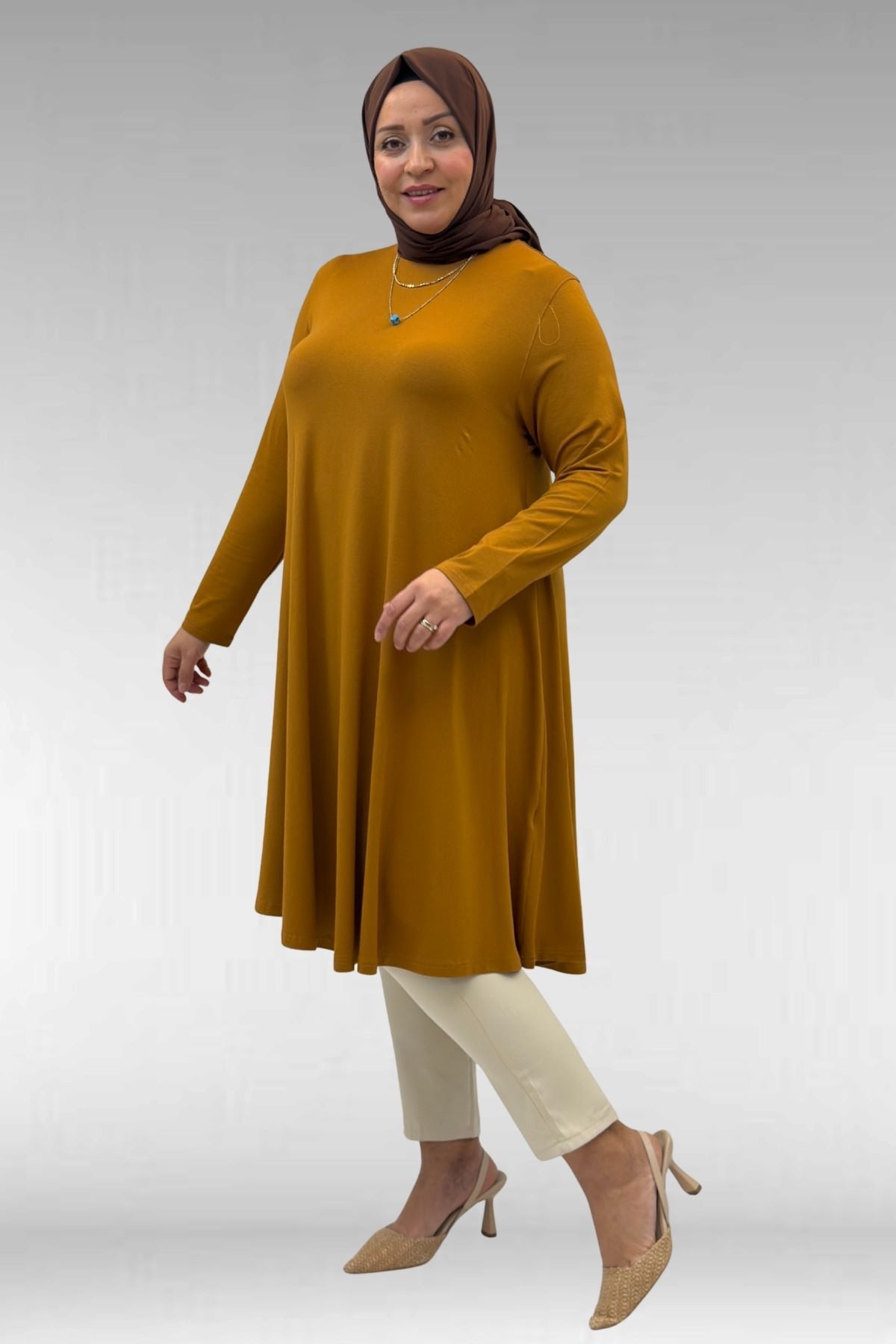 28016 Büyük Beden  Penye Mevlana Tunik - Tütün