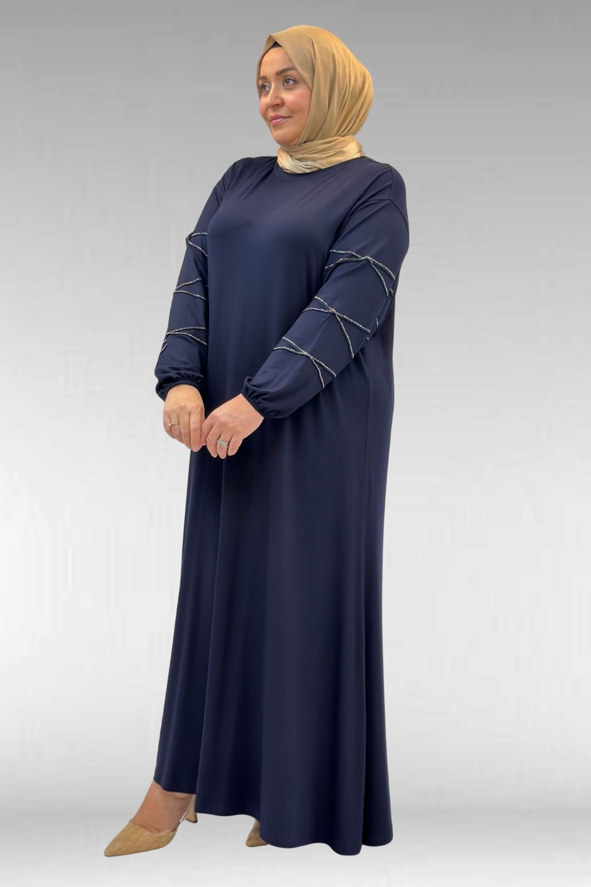 52021 Büyük Beden Çimalı Taş Detaylı Penye Elbise - Lacivert