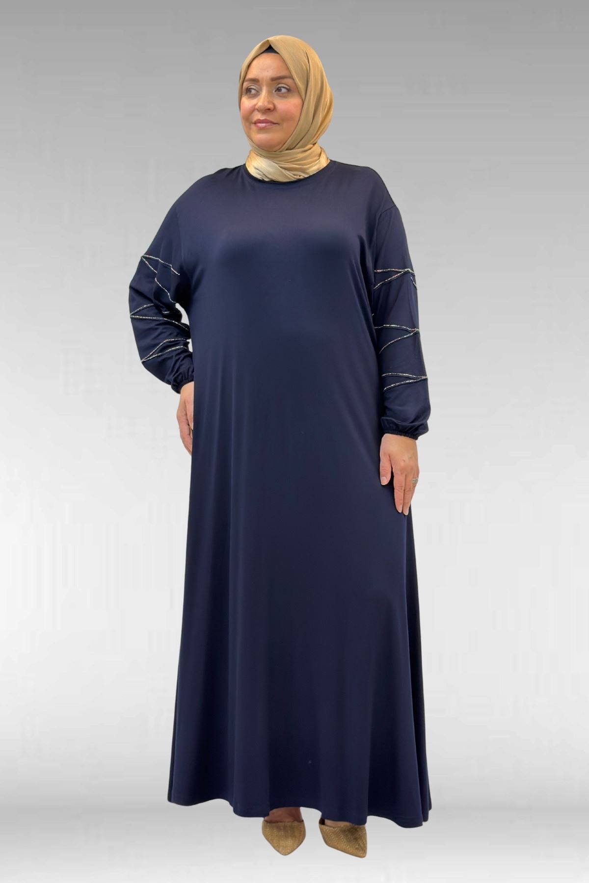 52021 Büyük Beden Çimalı Taş Detaylı Penye Elbise - Lacivert